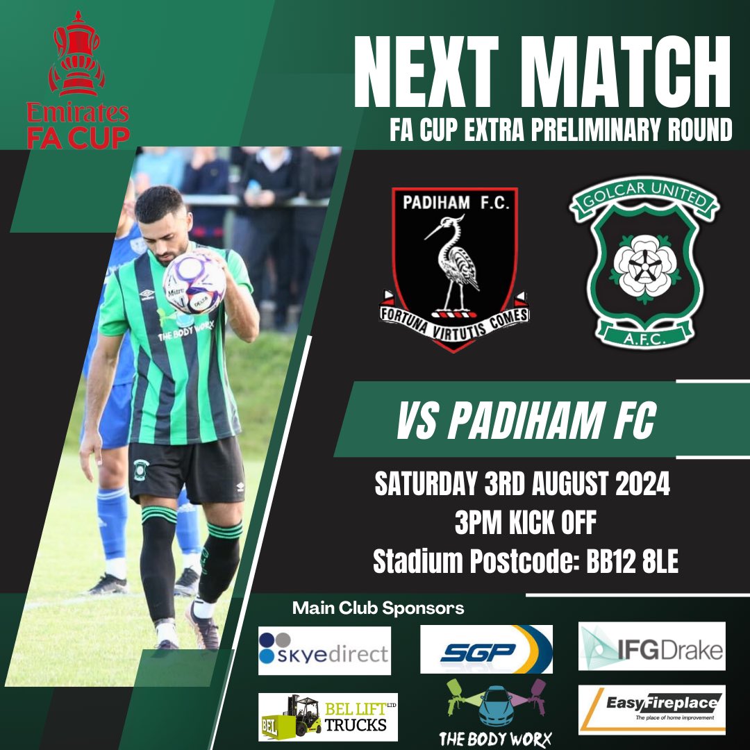 golcarunitedafc's tweet photo. 📣 FINAL ROLL CALL📣

We’re heading over t’hill for a 3pm Kick Off vs @Padiham_FC 

Stadium postcode: BB12 8LE.

Padiham FC have advised;
🍺 Their clubhouse and a can bar willl be open
🐶 Dogs are welcome
🎟️ £7 Adults, £4 Concessions, £1 U16s

🟢⚫️🟢⚫️🟢⚫️ https://t.co/ye1Ts93GxZ