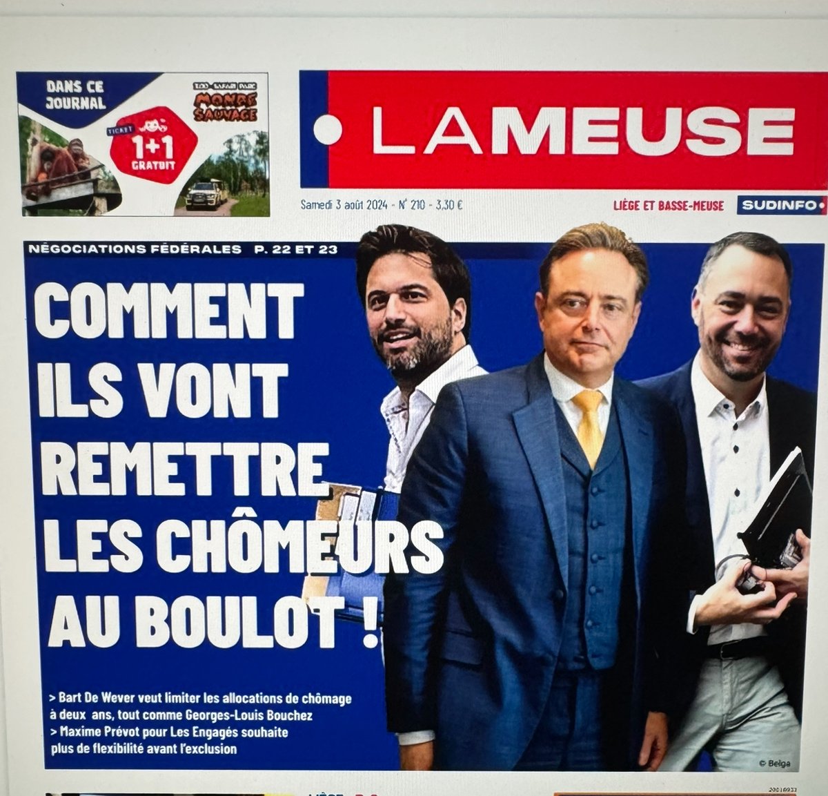 La une (complaisante) de @sudinfo pour qui le chômage est devenu d'évidence le nouveau point #Godwin. Pour rappel, 68% des 66.000 chômeurs de longue durée bossent régulièrement mais, de par les #interims et les #CDD, ne parviennent pas travailler au minimum 3 mois de façon