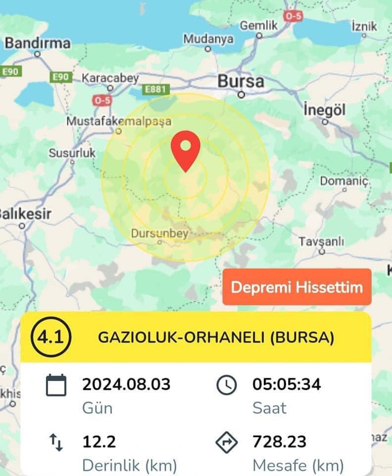 Bursa Orhaneli'de saat 5:05 de 4,1 büyüklüğünde deprem meydana geldi. Geçmiş Olsun Bursa!