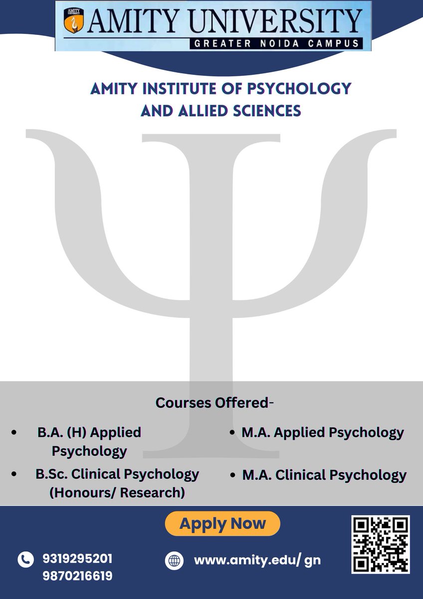 gnamity's tweet image. Amity Institute of Psychology and Allied Sciences, Amity University Greater Noida campus offers courses in the field of Psychology.
#PsychologyCourses #UnderstandingBehavior #PsychologyCareer #PsychologyCourses #PsychologyEducation #CareerOpportunities #EducationalOpportunities