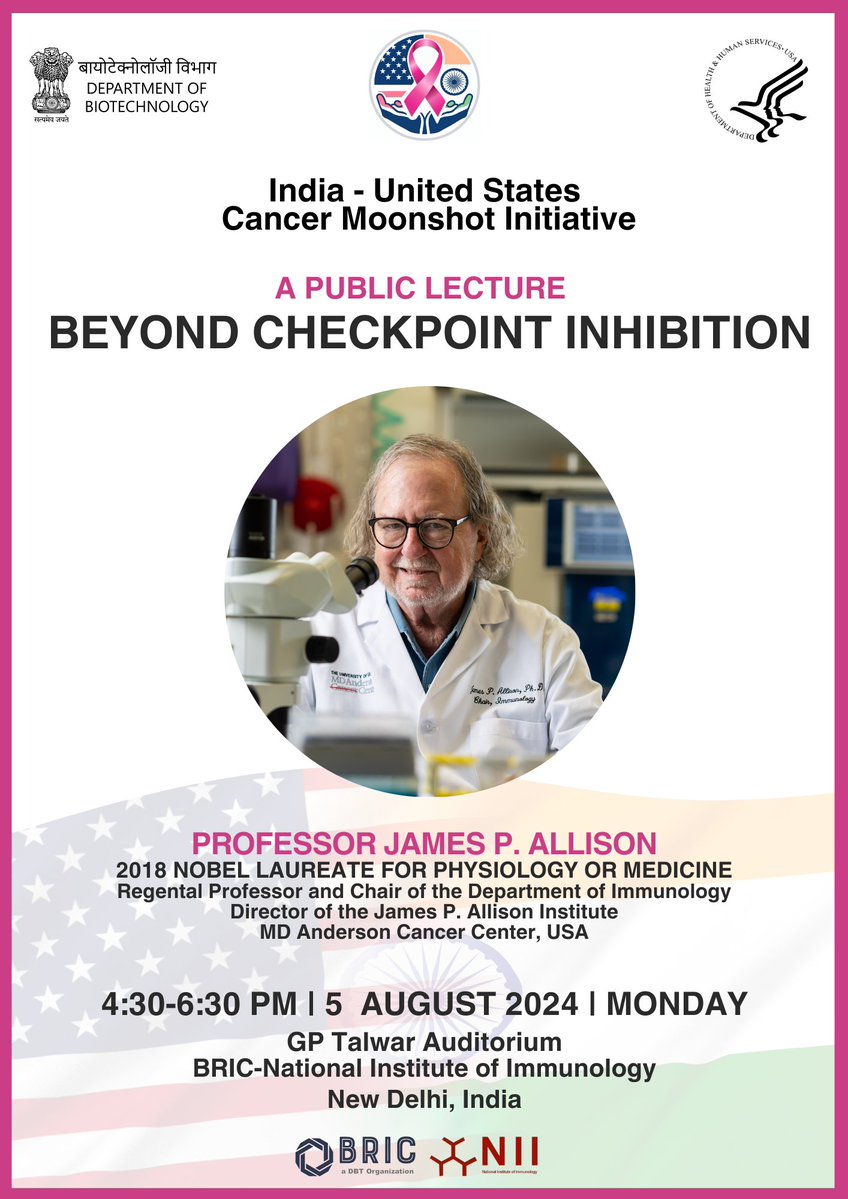 BRIC-NII (@nimmunology) on Twitter photo We are delighted to welcome Nobel laureate Prof James P Allison to our campus for a public lecture hosted by the India-US Cancer Moonshot Initiative <a href="/DBTIndia/">Department of Biotechnology</a> <a href="/HHSGov/">HHS.gov</a>
🗓️4:30 PM, 5 Aug
🏦GP Talwar Auditorium <a href="/NImmunology/">BRIC-NII</a>
<a href="/DrJitendraSingh/">Dr Jitendra Singh</a> <a href="/IndiaDST/">DSTIndia</a> <a href="/rajesh_gokhale/">Rajesh Gokhale</a> <a href="/ICMRDELHI/">ICMR</a> We are delighted to welcome Nobel laureate Prof James P Allison to our campus for a public lecture hosted by the India-US Cancer Moonshot Initiative <a href="/DBTIndia/">Department of Biotechnology</a> <a href="/HHSGov/">HHS.gov</a>
🗓️4:30 PM, 5 Aug
🏦GP Talwar Auditorium <a href="/NImmunology/">BRIC-NII</a>
<a href="/DrJitendraSingh/">Dr Jitendra Singh</a> <a href="/IndiaDST/">DSTIndia</a> <a href="/rajesh_gokhale/">Rajesh Gokhale</a> <a href="/ICMRDELHI/">ICMR</a>