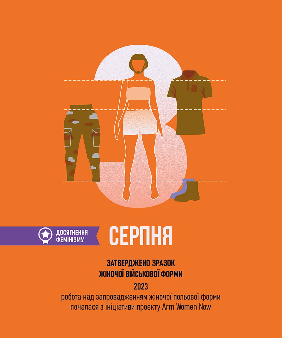 GenderInDetail's tweet photo. ✨ 3 СЕРПНЯ

Цього дня 2023 року було затверджено зразок-еталон костюма літнього польового для військовослужбовиць ЗСУ.

Робота над запровадженням жіночої польової форми почалася на виконання доручення міністра оборони та з ініціативи проєкту Arm Women Now, громадської ініціативи Forma Two, за участи радниці — уповноваженої президента України з питань безбар’єрности ще 2022 року. Відтепер літня польова форма для жінок офіційно поставлена на забезпечення. В оновленій моделі костюма врахували всі побажання й зауваження військовослужбовиць, які брали участь у військових (дослідних) випробуваннях форми.

#феміністичнийкалендар