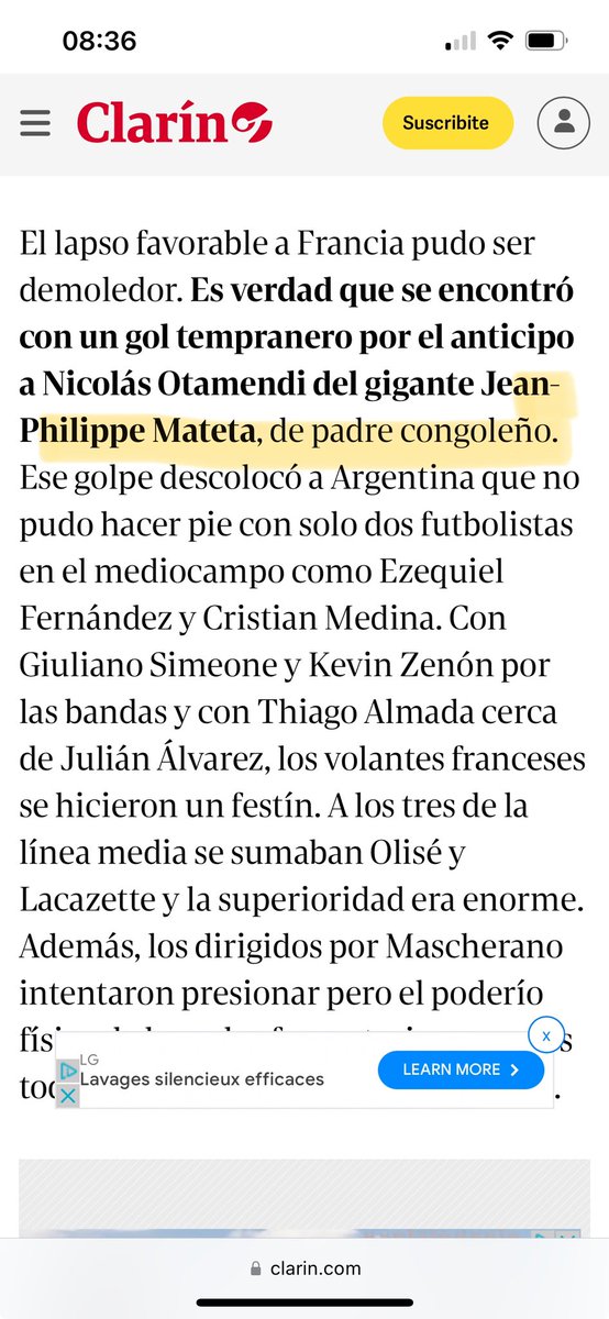 Pour le 1er média 🇦🇷 <a href="/clarincom/">Clarín</a>, Mateta est « un Angolais naturalisé ». 

❌ né 🇫🇷 à Sevran, formé à <a href="/LaBerrichonne/">La Berrichonne de Châteauroux</a>. 

Remplacé depuis par « son père est congolais » 🇨🇩. Info inutile mais qui en dit long sur l’obsession africaine du foot français en Argentine

#Paris2024 #FRAARG