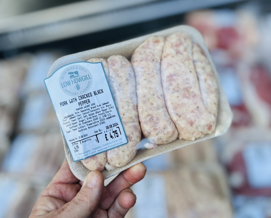 Our first #LowHowgill sausage of the month for August is Pork with Cracked Black Pepper. These are available now from the  fresh meat counter at our Appleby shop &amp; from <a href="/banksiemagic/">Sean Banks</a> at our @KeswickMarket stall today.