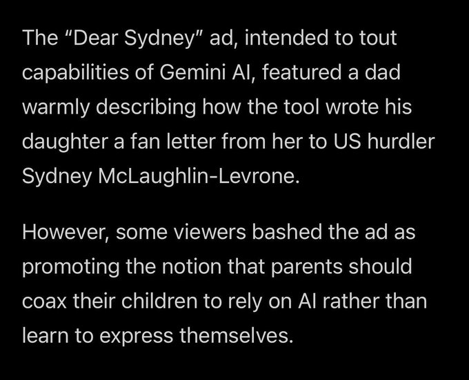 Google pulls AI ad that irked some Olympics viewers https://t.co/kD8cQb6XRO https://t.co/YdLWBXhHyV