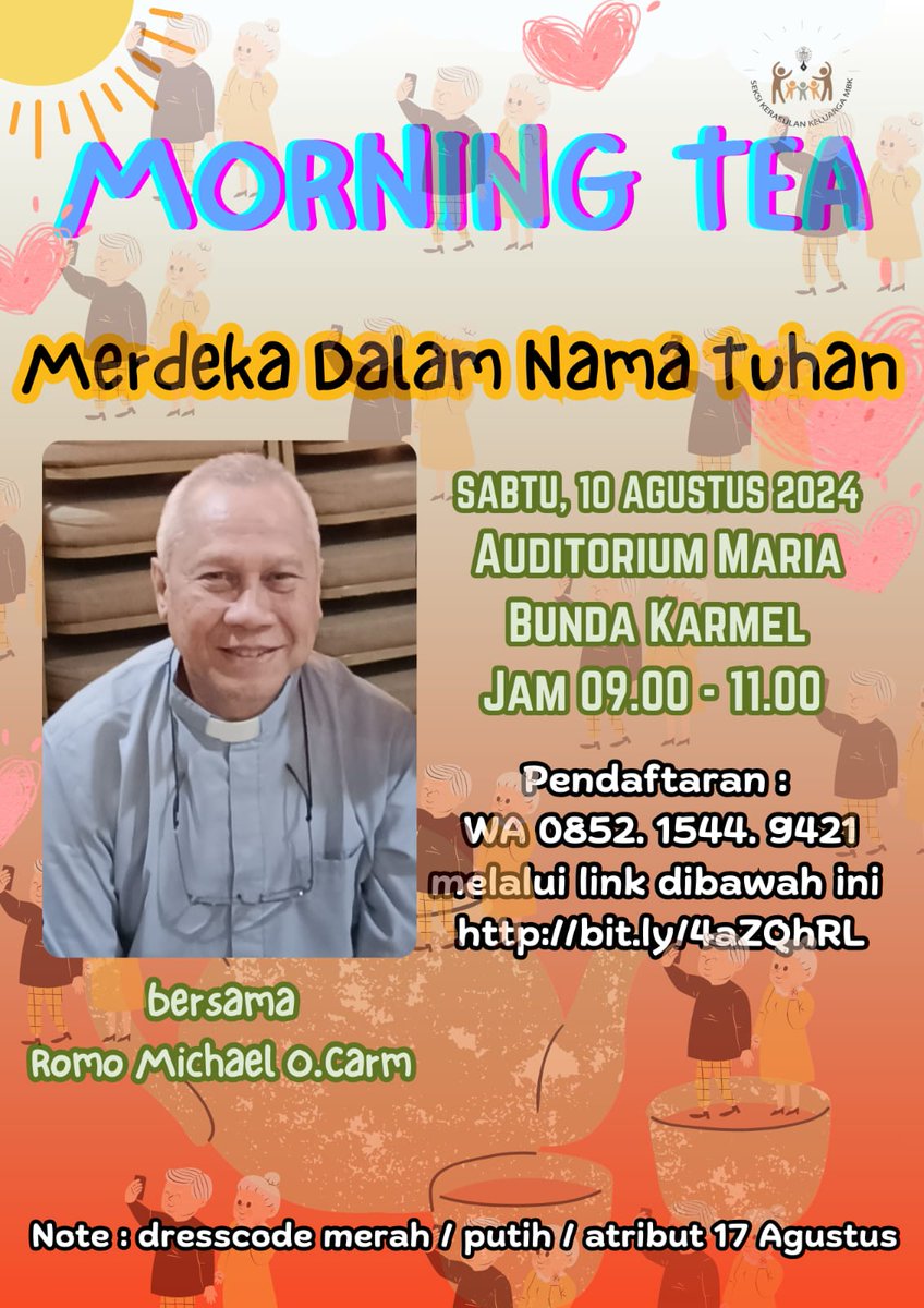 parokitomang's tweet photo. Ytk Bapak/Ibu Lansia MBK
Mengundang Bapak/Ibu untuk hadir dalam acara Morning Tea untuk lansia ( atau min 55 thn) pada

🗓  Sabtu  10.08.2024
⏰ 09.00 - 11.00
🏠 Auditorium MBK
🗒️ 
- Tema : Merdeka dalam nama Tuhan
- Perayaan ultah Agustus
- Aneka games
- Aneka gerak dan lagu https://t.co/Eq5JUol42x