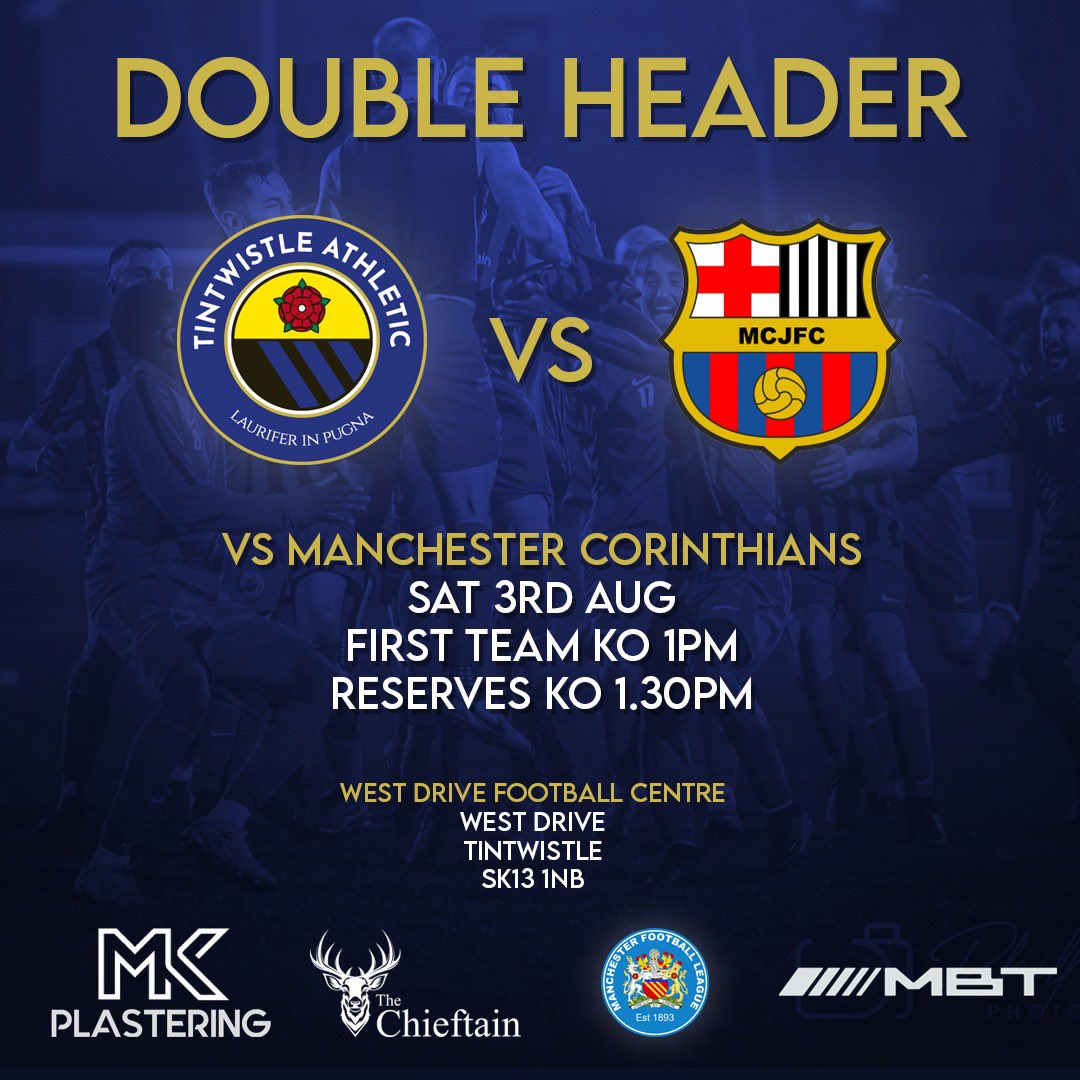 Tintwistle Athletic First Team (@tafc_firsts) on Twitter photo ๐ต Match day Double Header ๐ก
Final pre season game before the season starts next week
๐ West Drive SK13 1NB
๐
Saturday 3rd August
๐๏ธ <a href="/MCRCORINTHIANS/">Manchester Corinthians FC</a>
๐ Preseason Friendly
๐ถ Free Entry
<a href="/NDR_Sport/">North Derbyshire Radio Sport</a> <a href="/tamesideradio/">Tameside Radio</a> @TAFC_Reserves #Preseason #JoinTheJourney #Groundhopping ๐ต Match day Double Header ๐ก
Final pre season game before the season starts next week
๐ West Drive SK13 1NB
๐
Saturday 3rd August
๐๏ธ <a href="/MCRCORINTHIANS/">Manchester Corinthians FC</a>
๐ Preseason Friendly
๐ถ Free Entry
<a href="/NDR_Sport/">North Derbyshire Radio Sport</a> <a href="/tamesideradio/">Tameside Radio</a> @TAFC_Reserves #Preseason #JoinTheJourney #Groundhopping