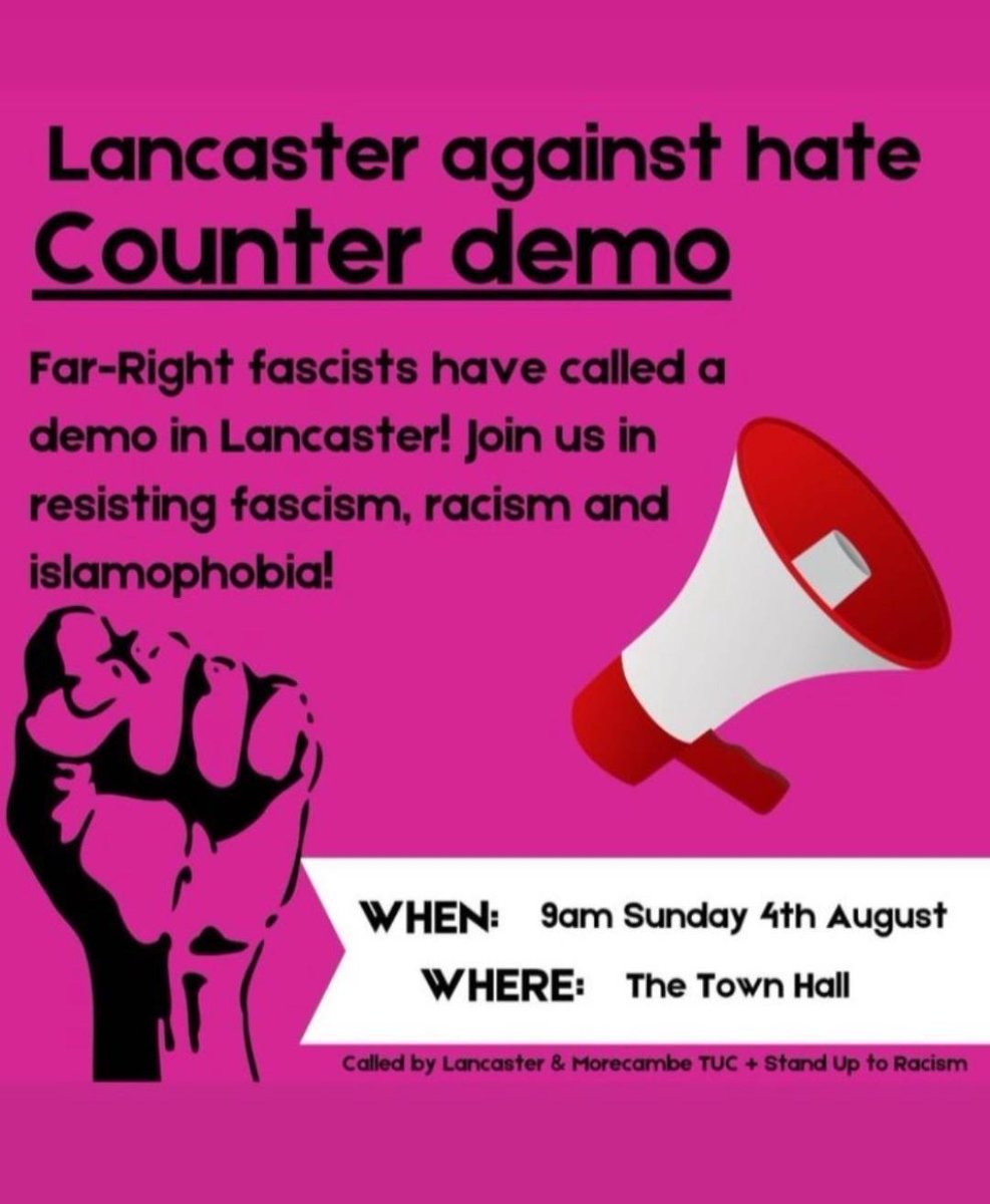 @UntoThislast2 A counter-protest has been called by Lancaster &amp; Morecambe TUC and Stand Up To Racism, please do come if you feel safe to do so!!
