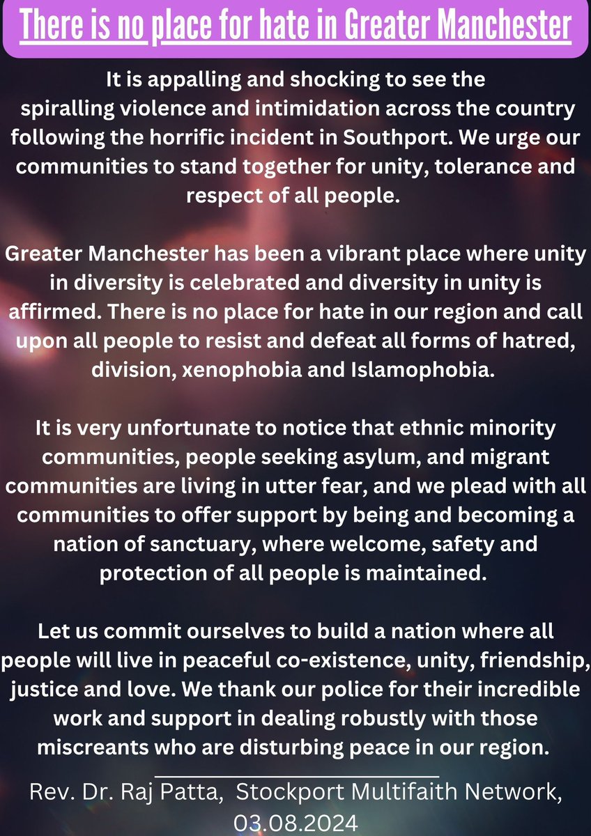 There is no place for hate in #GreaterManchester Let us all unite together, respect each other and love one another defeating all forms of xenophobia, Islamophobia n racism and be a nation of sanctuary <a href="/PublicIssues/">JPIT</a> <a href="/gmpolice/">Greater Manchester Police</a>