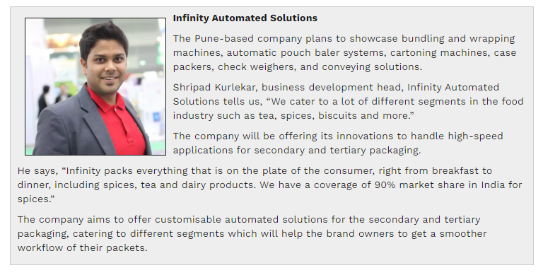 We are delighted to share that Mr. Shripad Kurlekar, our Business Development Head, has been featured by WhatPackaging by PrintWeek India. We will be showcasing our innovative IBP-120 at Anuga FoodTech 2024!

#Packaging #secondarypackaging #food #technology #FMCG #tea #spices