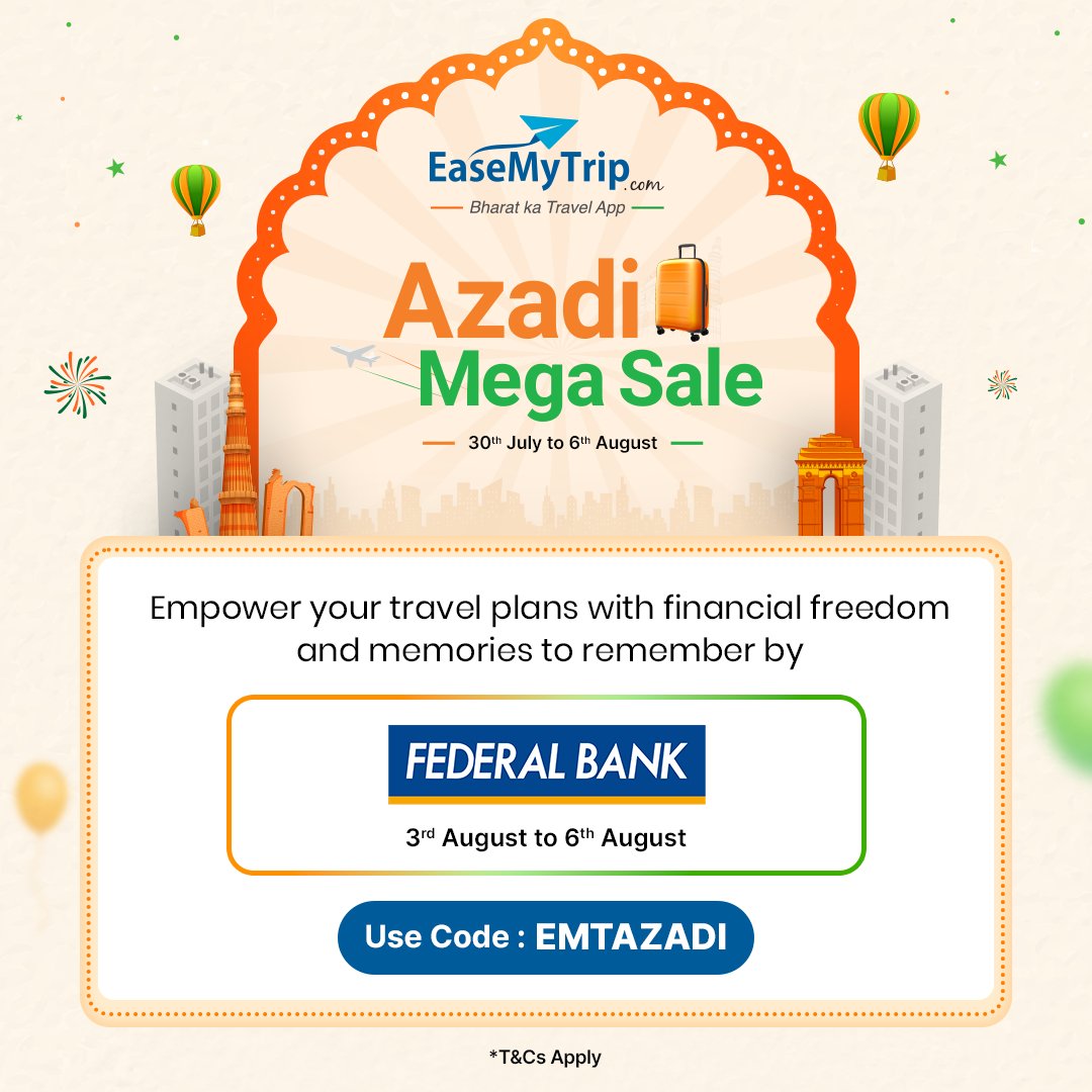 EaseMyTrip's tweet photo. Take the leap of faith and celebrate your days your Azadi with our bank partners!
Use code - EMTAZADI and travel hassle-free
Let's celebrate Azadi together!
#AzadiMegaSale #TravelDiscounts #BankPartners #EaseMyTrip https://t.co/ikU9s7RrDa