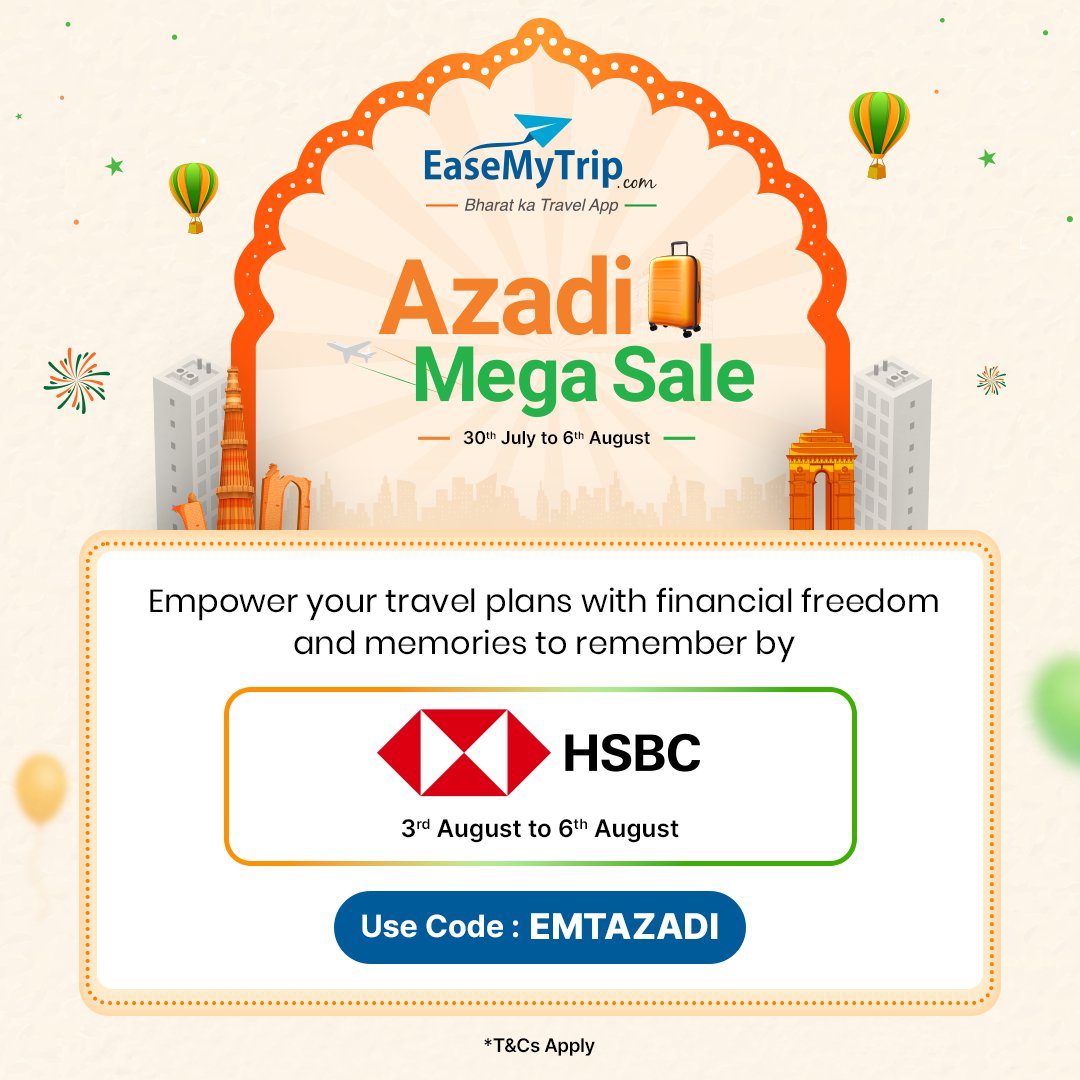 EaseMyTrip's tweet photo. Take the leap of faith and celebrate your days your Azadi with our bank partners!
Use code - EMTAZADI and travel hassle-free
Let's celebrate Azadi together!
#AzadiMegaSale #TravelDiscounts #BankPartners #EaseMyTrip https://t.co/ikU9s7RrDa