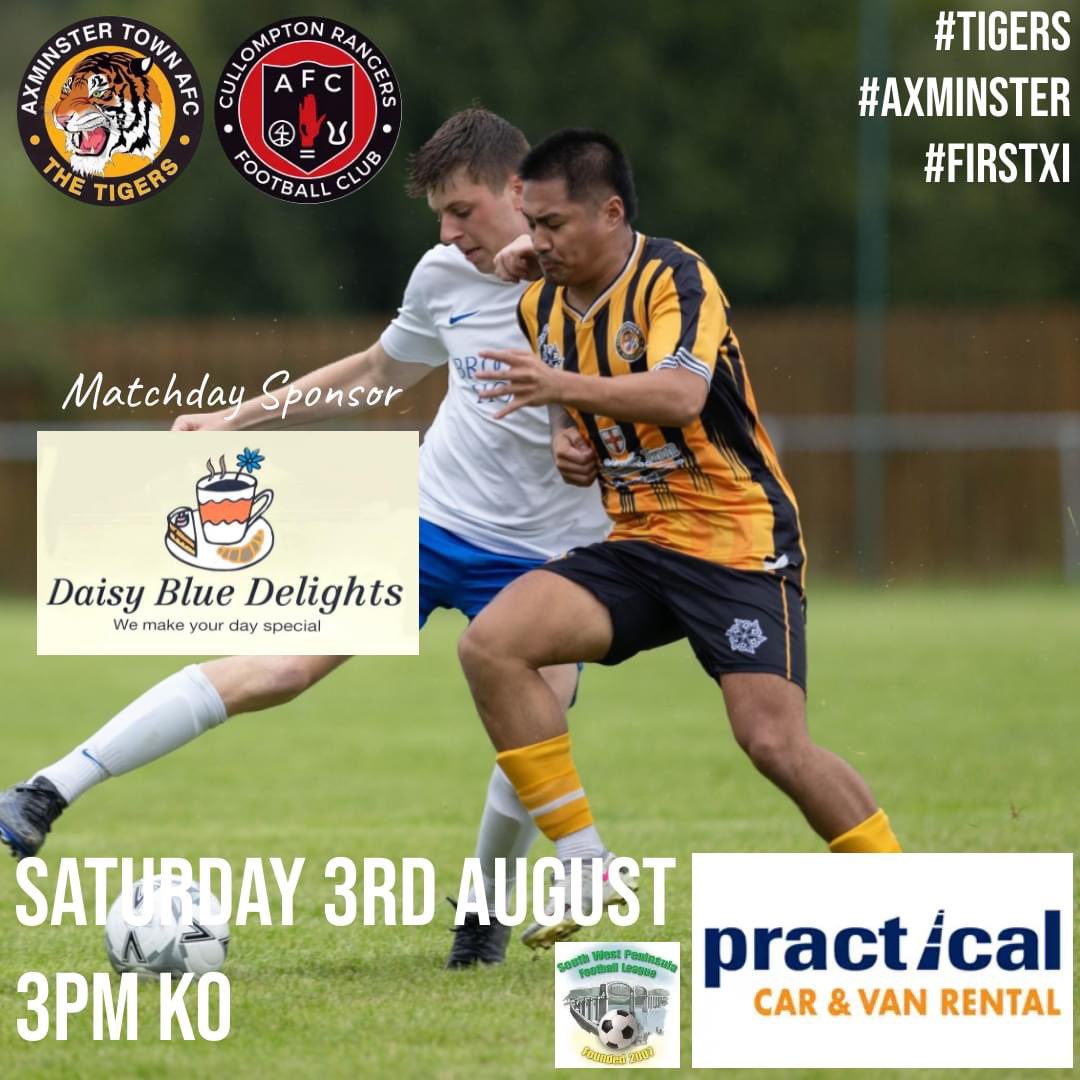 Axminstertownfc's tweet photo. ⚽️Matchday!⚽️ It’s the opening game of the @swpleague season today and we welcome @CullyRangers_FC. Good luck to Justin and the Tigers! 
Thank you to our match-day sponsor Daisy Blue Delights for your support.
#Tigers 🐅 #Axminster 🧡 #COYTigers! ⚽️ https://t.co/XeTvgqWElF