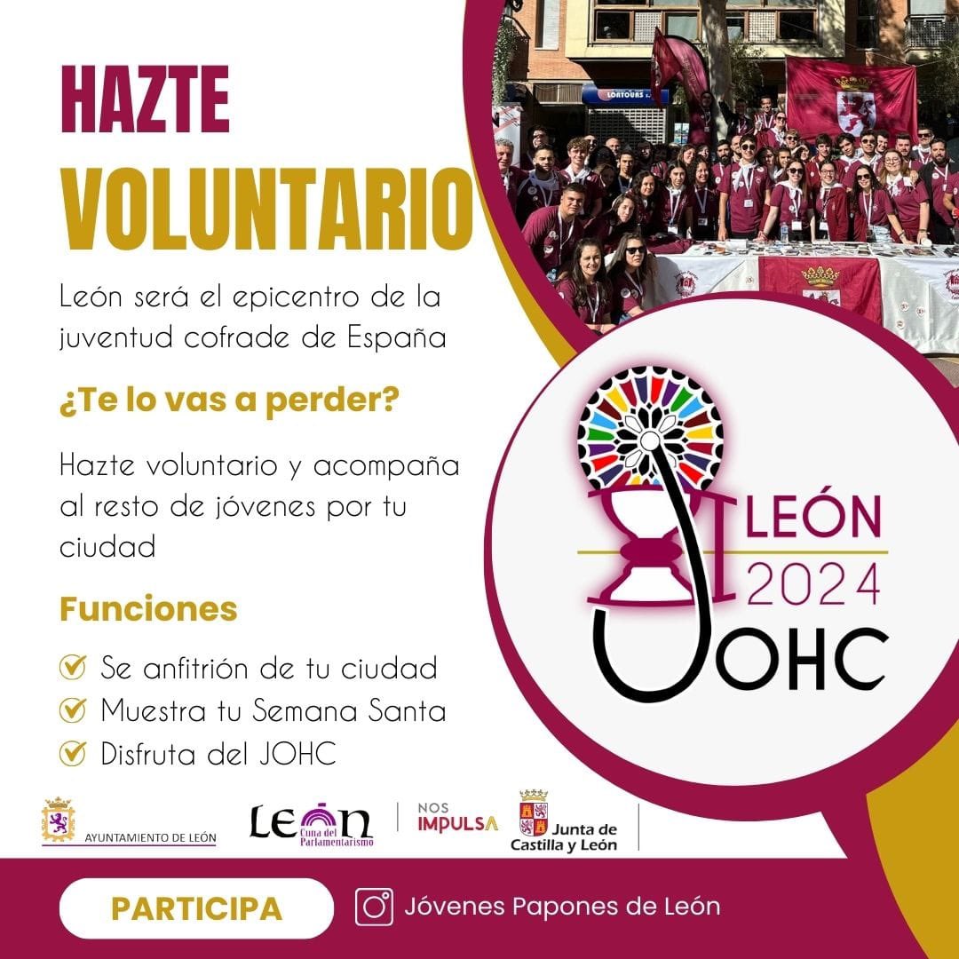 Voluntariado de JOHC León 2024.

Mayores de edad:

forms.gle/F49jVuPbxGqA6G…

Menores de edad:

forms.gle/g8ju7EBDhojaYU…

Puedes encontrar toda la información de la JOHC necesaria en la web johcleon.com y redes sociales. 

#angustiasysoledad1578#semanasantaleon #johcleon
