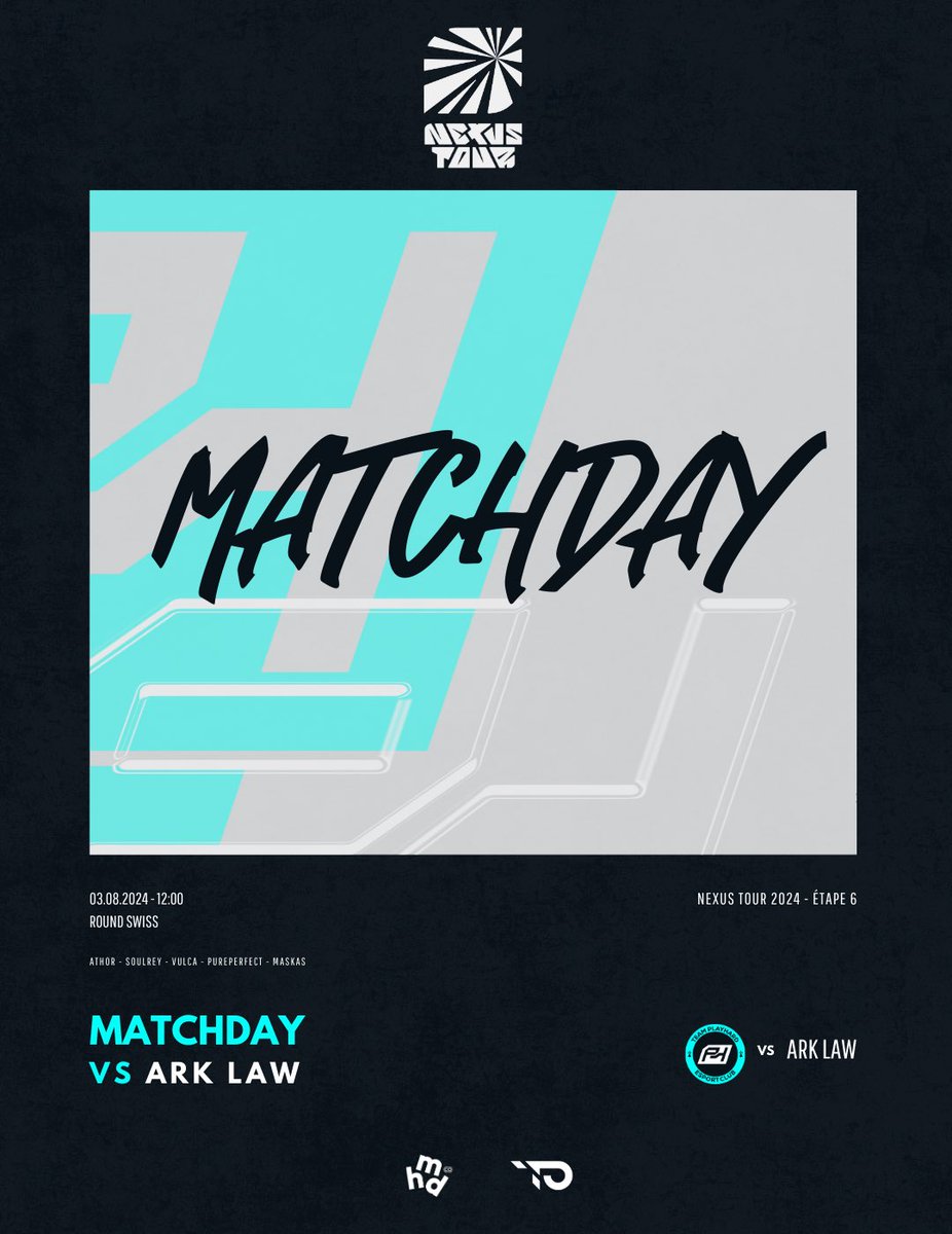 𝐌𝐀𝐓𝐂𝐇𝐃𝐀𝐘

Ce week-end, c'est la 6ᵉ et dernière étape du Nexus Tour 2024, et pour l’occasion, on vous a concocté une équipe de cracks 👴

⛰️ <a href="/Athor_lol/">Athor</a> 🆕  
🌴 <a href="/SoulReyy/">SoulKhey</a>
🏊 @Vulcanno2 🆕  
🏹 PurePerfect 🆕  
🚑 <a href="/TheRealMaskas/">Maskas</a>  

🕙 12H ➜ 18H  
🆚 ARK Law  
📺