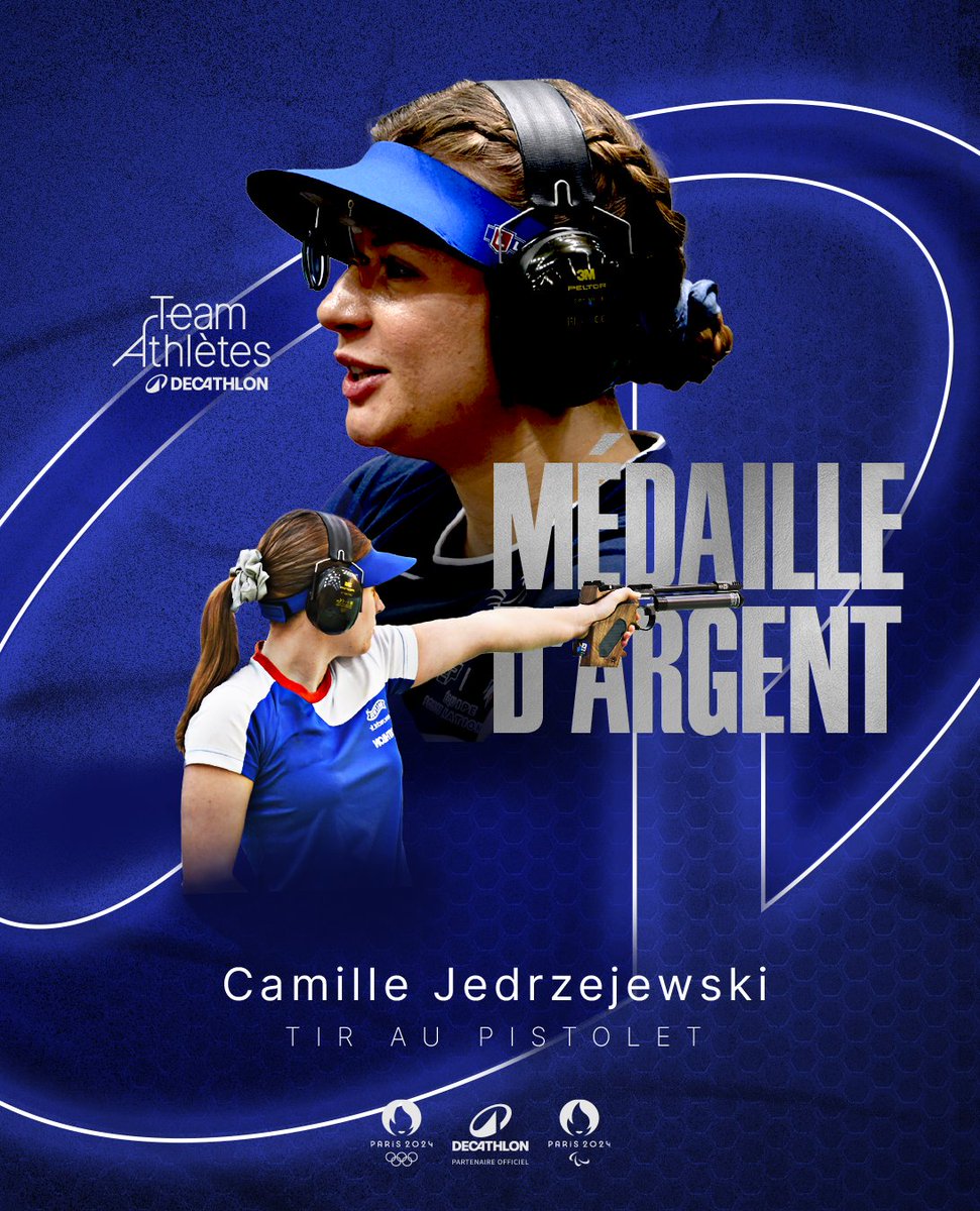 Decathlon's tweet image. MÉDAILLÉE OLYMPIQUE 🔥 

Camille Jedrzejewski est vice-championne olympique de tir au pistolet à 25m pour sa première participation aux Jeux  🥈

Bravo Camille 👏