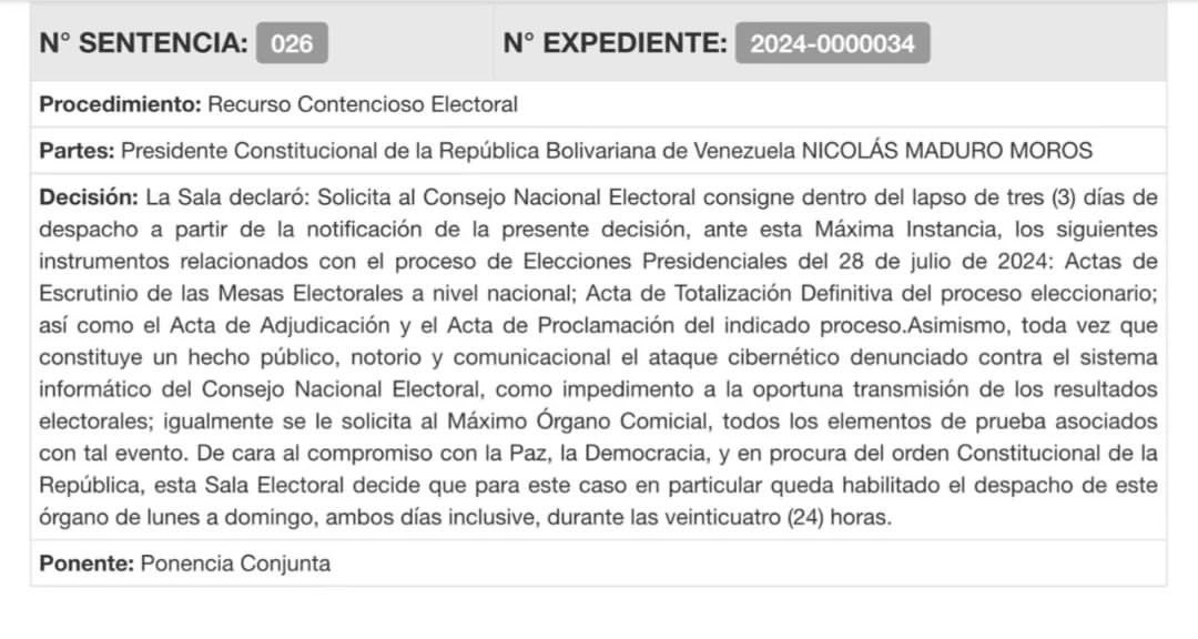 📌 El #TSJ ha emitido una importante decisión: en los próximos 3 días, el Consejo Nacional Electoral deberá presentar los documentos relacionados con las elecciones presidenciales del 28 de julio de 2024. 

<a href="/NicolasMaduro/">Nicolás Maduro</a> 
<a href="/TellecheaRuiz/">Rafael Tellechea</a> 
<a href="/elguerrero9523/">José Miguel Guerrero</a> 

#CNEInforma