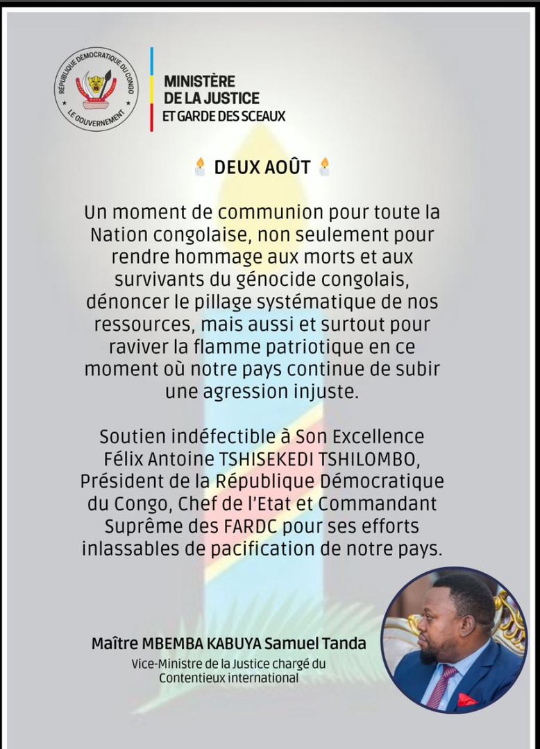 Célébration du GENOCOST : pour le Vice-Ministre de la Justice et Contentieux International, Me Samuel MBEMBA KABUYA, il s'agit "d'un moment de communion pour toute la Nation congolaise..."