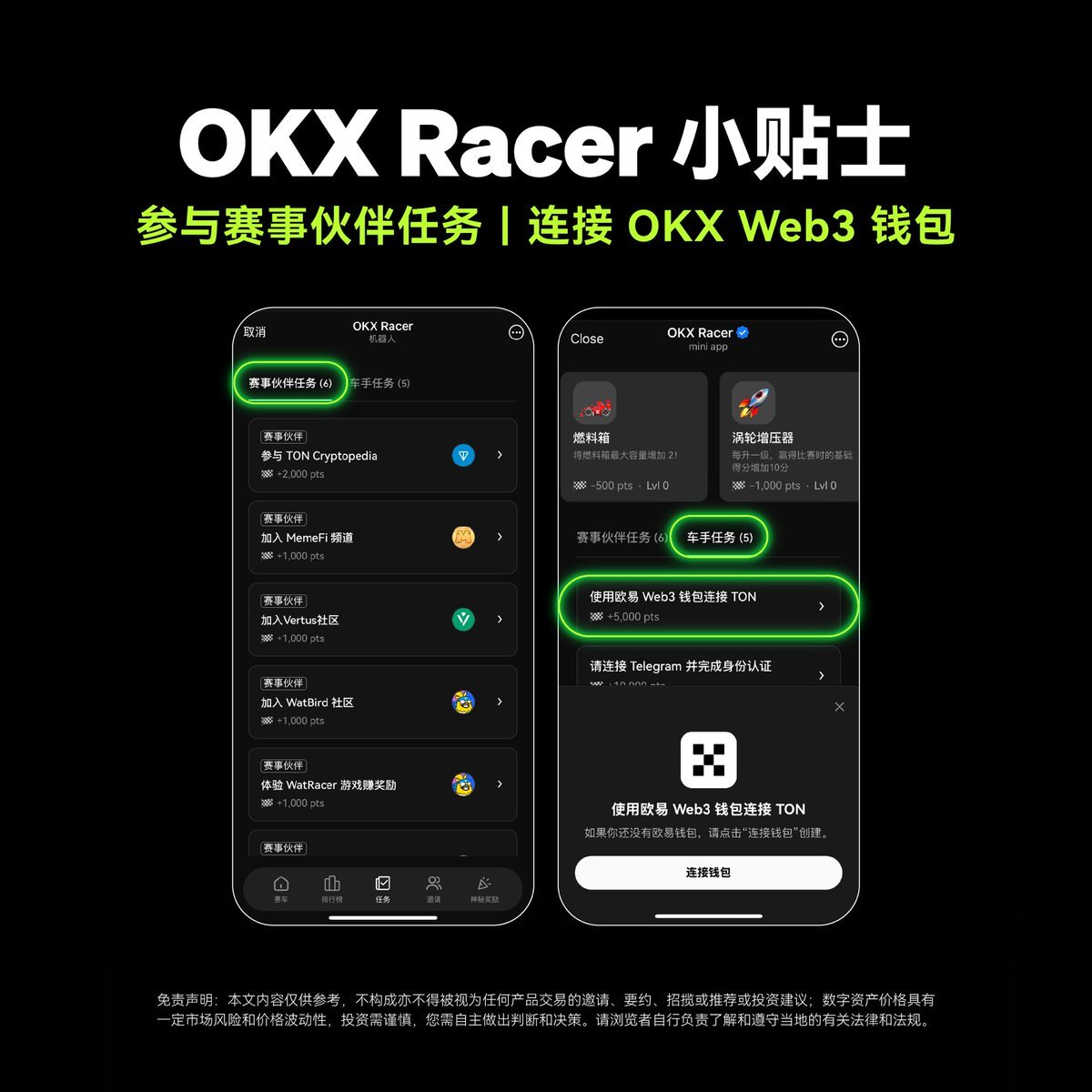 SKARKS3's tweet photo. 首款 Telegram 涨跌竞猜小程序 OKX Racer 现已支持 OKX Web3 钱包！

链接钱包即可获得5000积分分的奖励（当前支持助记词钱包或TON链私钥钱包连接）

🔗：https://t.co/Hm0sntV6UN

是一款参与 BTC 涨跌竞猜游戏，现上新了赛事伙伴任务和车手任务并通过完成指定任务获得额外积分。

一定要链接钱包并开启自动驾驶功能，在离线时自动赚取积分，以获得未来可能的神秘惊喜。

一直没推是感觉游戏有点单调，现在可以连接钱包了，大概率会有惊喜的，有兴趣的小伙伴可以搞一下！