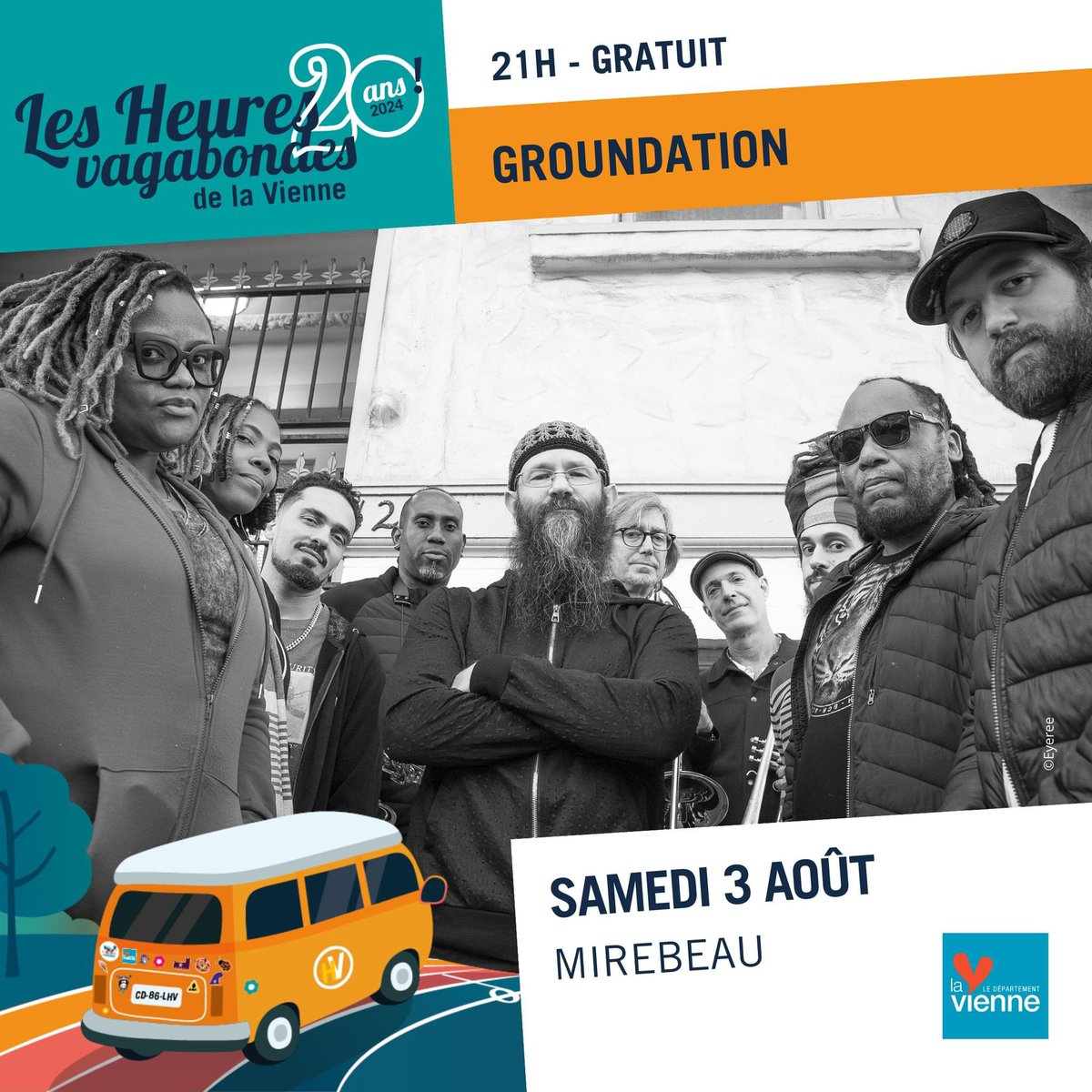 Du Plastic Bertrand, de la country, du R&amp;B ou encore du Polnareff, (re)découvrez l'univers de Groundation ce soir à #Mirebeau. 🎷🎺

🆓 Concert gratuit &amp; sans réservation
📍 Stade Jean Boitel
⏰ Concert à 21H00 / Accès possible dès 18h30

On vous attend nombreux ! Vous-y-serez ?