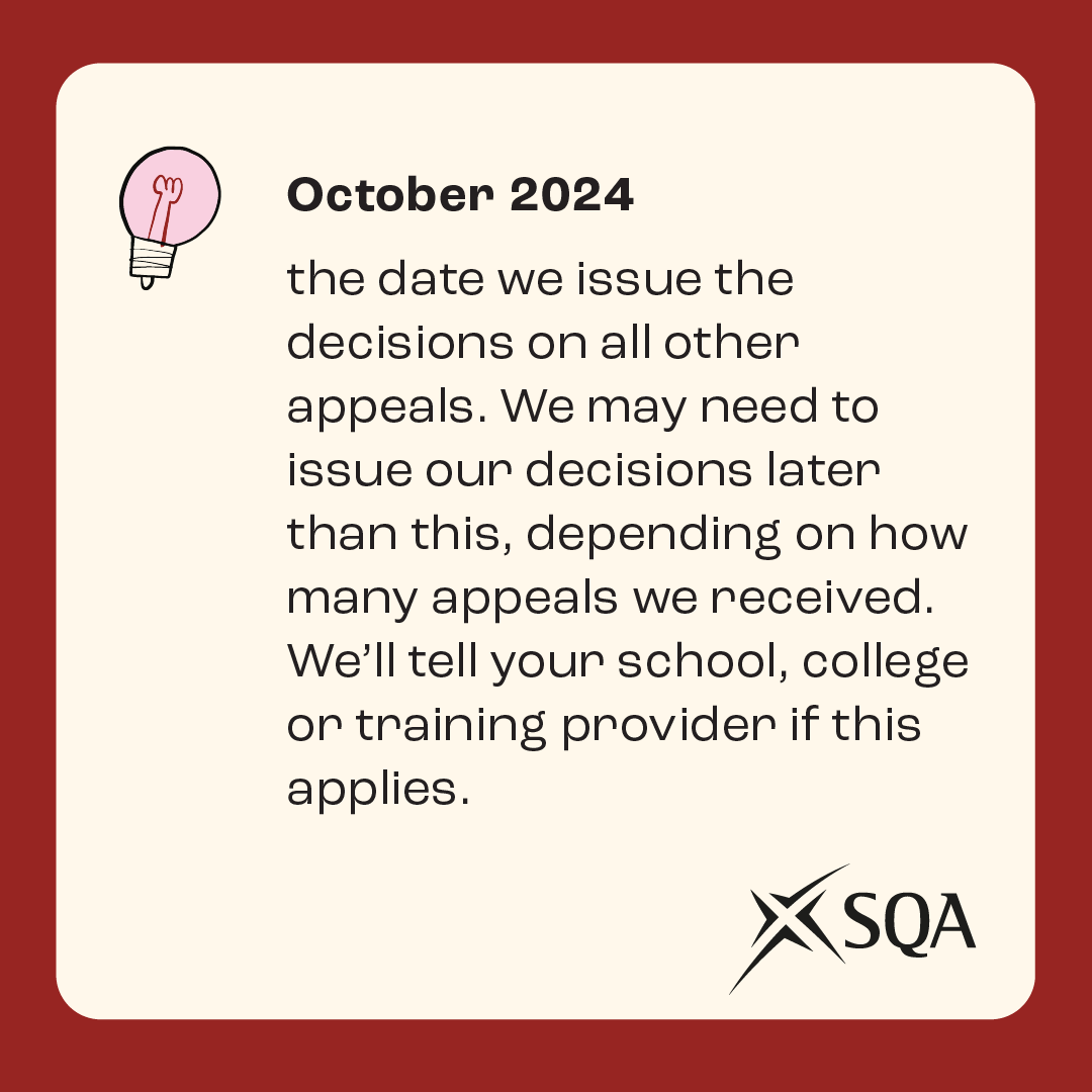 Important dates for our Appeals service. 📅👀

Everything you need to know ahead of #SQAresults Day is on our website - info.sqa.org.uk/appeals2024