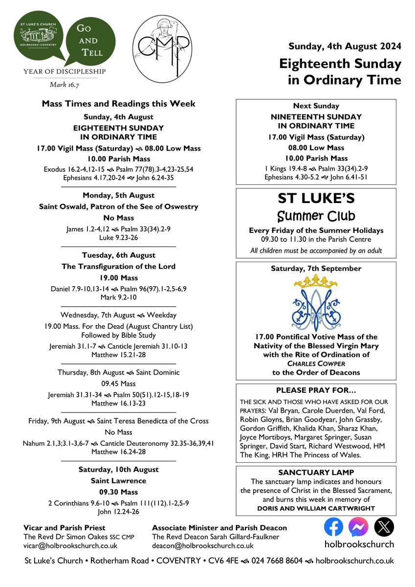 holbrookschurch's tweet photo. Sunday, 4th August and the week ahead @holbrookschurch. A booklet containing the Sunday readings is available at https://t.co/E504IBrgcE, and this week's newsletter can be downloaded at https://t.co/a3O6nQFAmd. All are most welcome to join our family of faith. https://t.co/WCFCUGiz9l