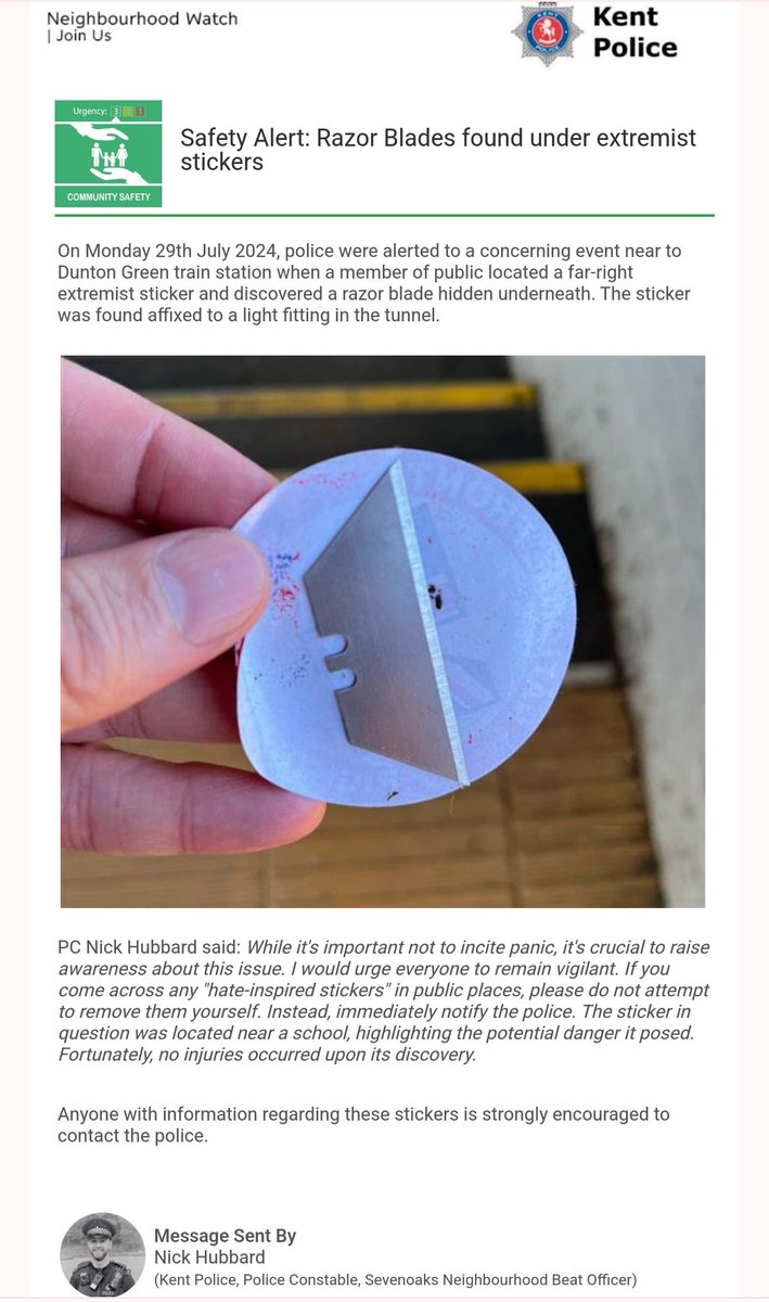 RyewoodWatch's tweet photo. Safety Alert: Razor blades found under extremist sticker in Dunton Green, Sevenoaks, Kent.

If found do not remove them contact the police. 

Unfortunately this isn't the first time this has happened been reports from 2020, 2021 and more recently in July 2024. https://t.co/Xkmk8HWRjc