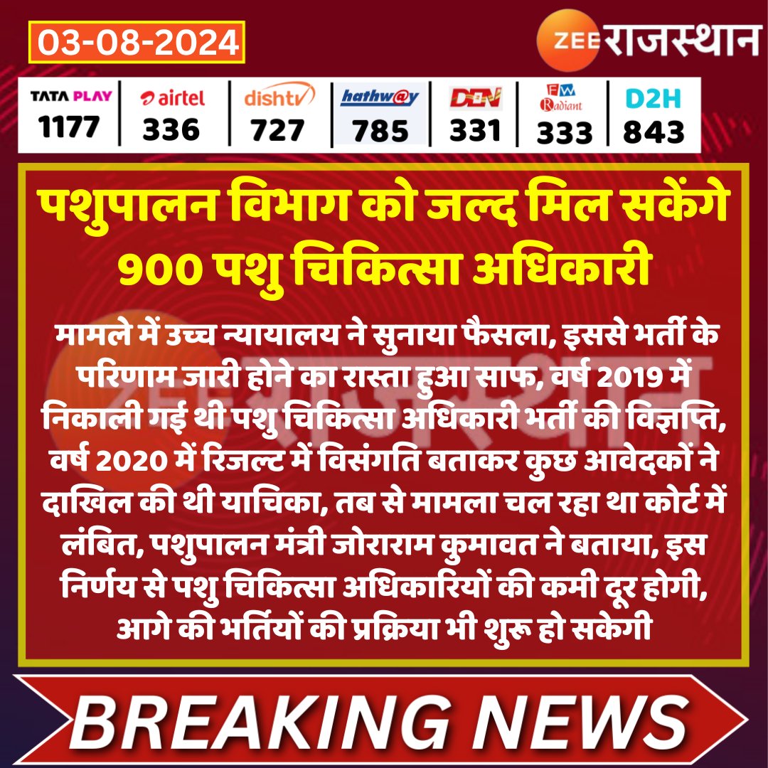 #Jaipur पशुपालन विभाग को जल्द मिल सकेंगे 900 पशु चिकित्सा अधिकारी

<a href="/JoraramKumawat/">Joraram Kumawat</a> <a href="/kashiram_journo/">Kashiram Choudhary</a> #LatestNews #RajasthanNews #RajasthanWithZee