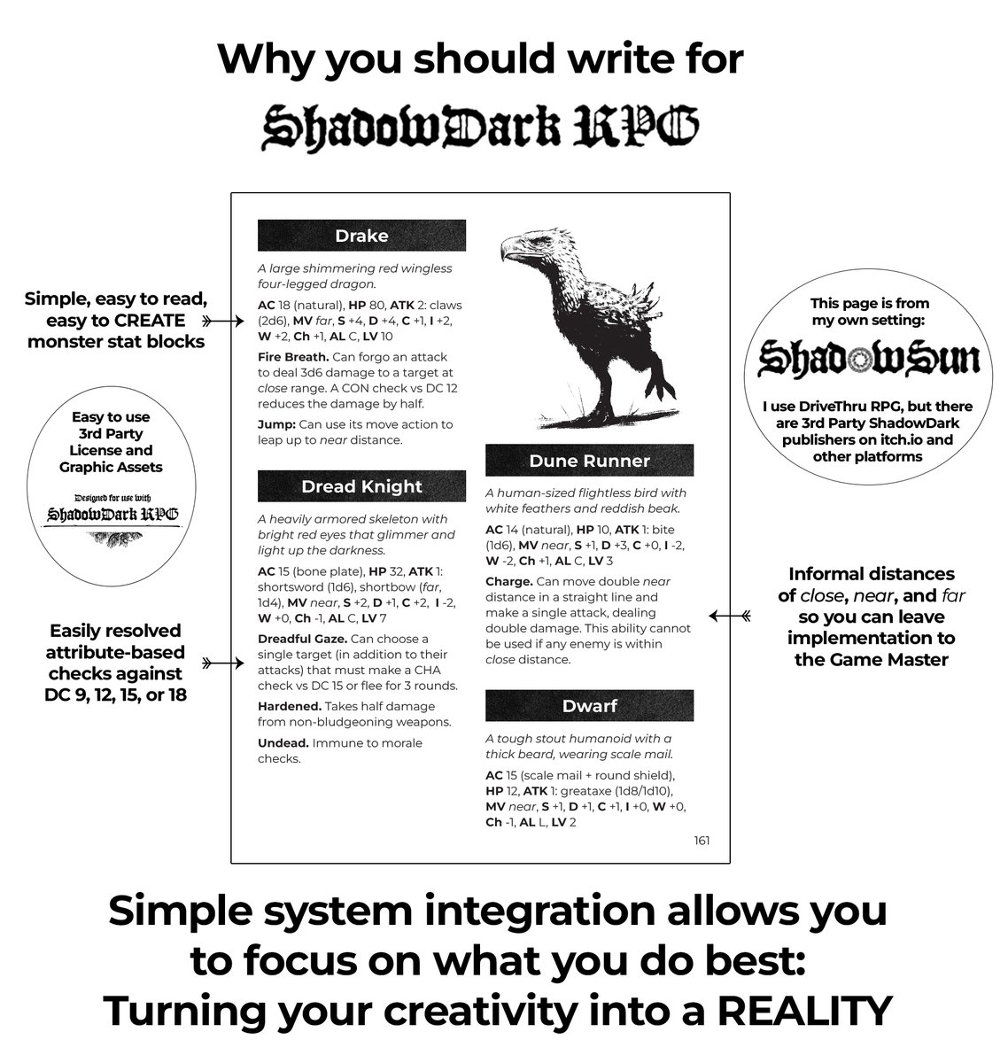 ShadowDark swept the Ennies last night. I strongly encourage 3rd Party creators to consider writing for the system. It is incredibly easy to work with and you can focus on the creative things you want to make rather than mechanical systems integration.