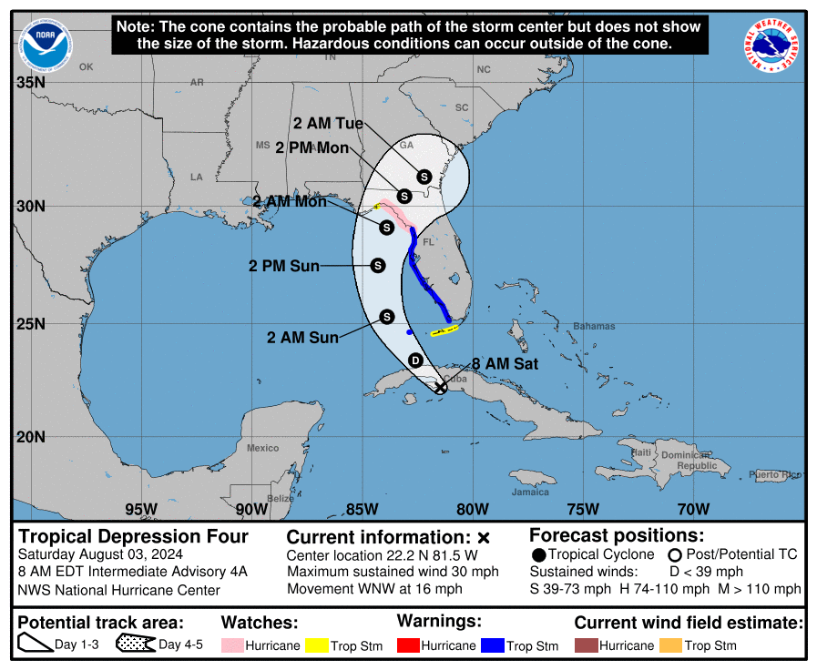 BhatiaKieran's tweet photo. Changes in #TD04/#Debby storm center mean changes in the potential track + intensity. Comparing yesterday's 12Z #GEFS to today's 06Z GEFS (also NHC cone) shows how the storm center jumped south of Cuba. Now there's potential for a slower track + more NW landfall + intensification https://t.co/EcY9POhUBG