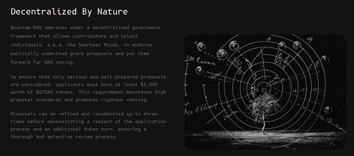QuantumDAO_io's tweet photo. Quantum DAO uses decentralized governance, where the Smartest Minds endorse public grant proposals. To maintain quality, applicants must burn $1,000 worth of $QTDAO tokens, ensuring only serious submissions. 

Proposals can be refined and resubmitted up to three times before restarting with an additional token burn. This process ensures high standards and rigorous review in the quantum computing space.  

Learn more 👇