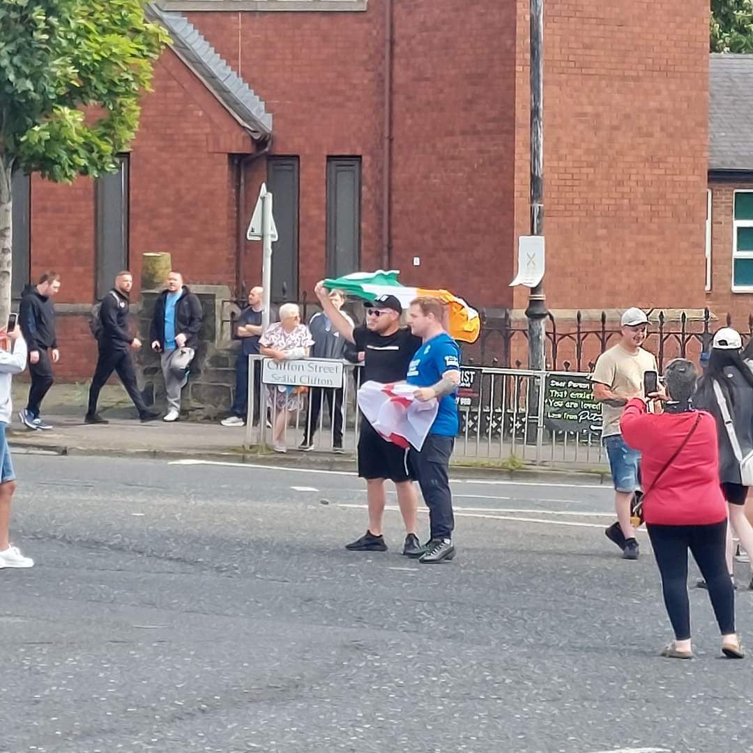 corty_jason's tweet photo. Just seen this picture 
#CarlisleCircus belfast 
Both sides Catholic &amp; Protestant communities unite against #MassImmigration &amp; #MuslimExtremists 
Brilliant 🇬🇧🤝🇮🇪
Enough is Enough 
@GOVUK https://t.co/uMFhLDPv7u