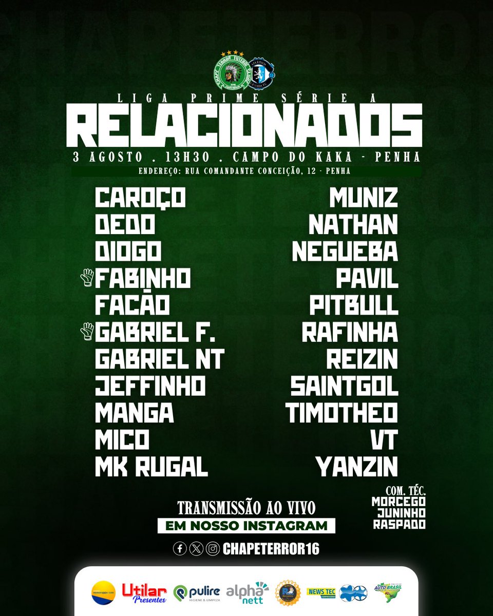 RELACIONADOS 📝

Confiram os selecionados para a segunda partida na Liga Prime Série A. 

A seleção do moço está montada para buscar mais três pontos na competição 💚🦇💪🏻
—————————————————
📱TRANSMISSÃO AO VIVO EM NOSSO INSTAGRAM📱

💚 Já segue lá 👇🏻
instagram.com/chapeterror16?…