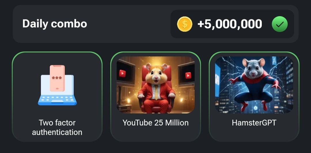 TeleTap2Earn's tweet photo. Today's 5,000,000 daily Hamster Kombat Combo

⏰ Date: 03.08.2024
💎 Prize: 5,000,000

✅ Activate Combo: Hamster Kombat

Get those rewards! 🐹💰 @hamster_kombat

#Hamster #HamsterKombat #Combo #Bonus #DailyCombo #tap2earn #teletap2earn https://t.co/FtkGhxXe8V