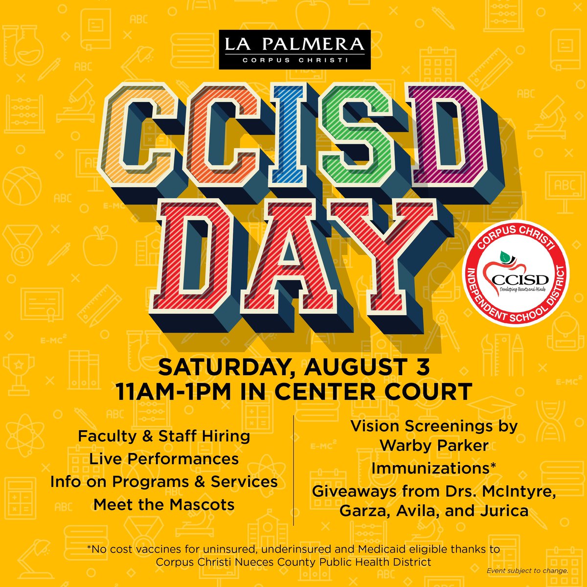 LaPalmeraMall's tweet photo. La Palmera welcomes @CCISD today from 11am-1pm for info on school programs, hiring opportunities, and registrations! Immunizations will also be available for uninsured, underinsured, and Medicaid eligible students thanks to Corpus Christi Nueces County Public Health District. https://t.co/3t7whZ822C