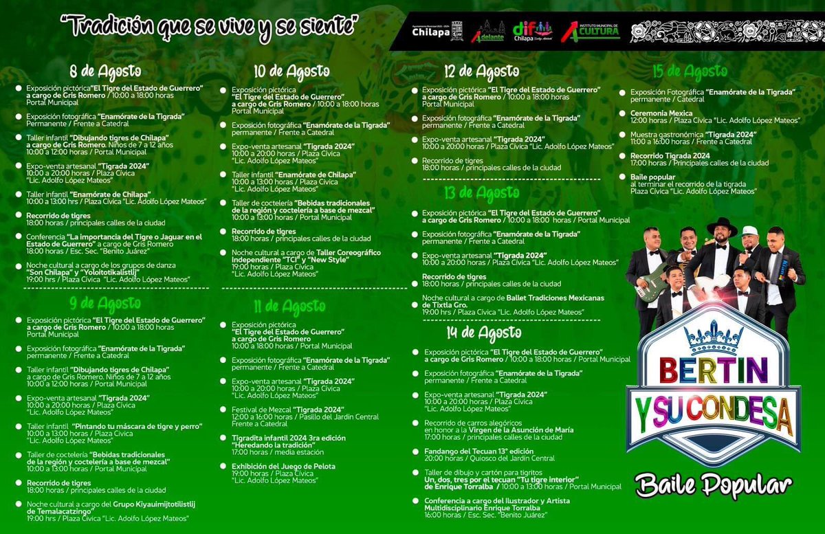 Actividades que realiza el Ayuntamiento de Chilapa de Álvarez, por la Tigrada 2024, del 1 al 15 de Agosto.
¡Tradición que se vive y se siente!