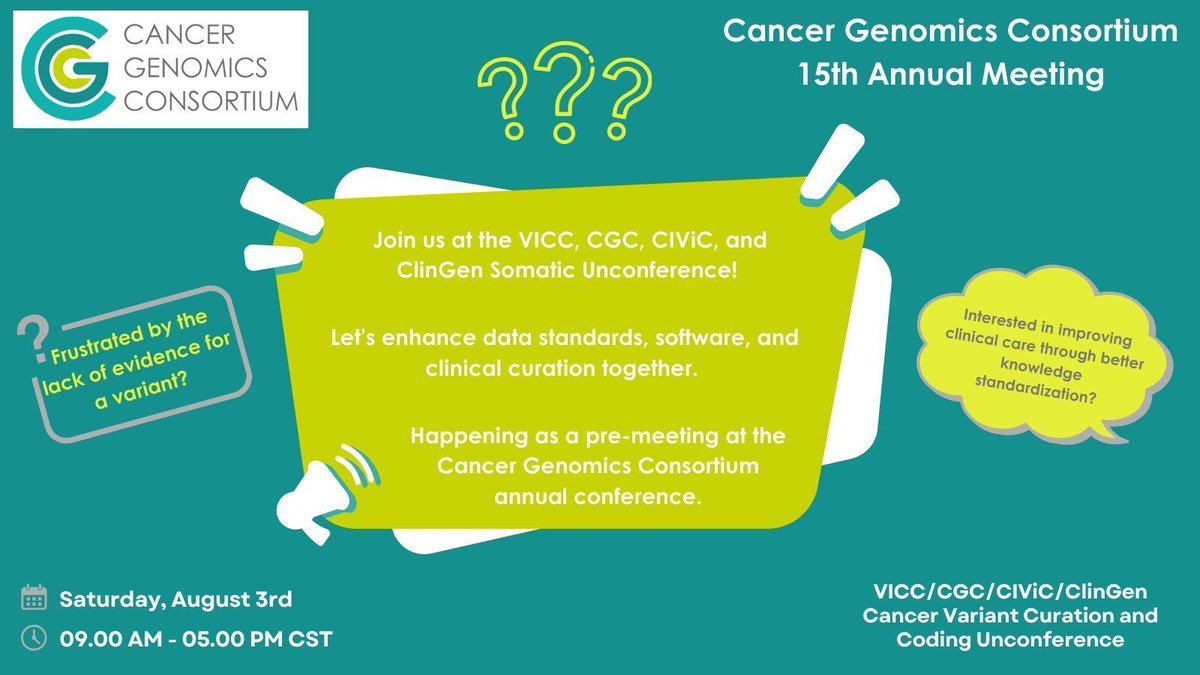 Join us at the VICC, CGC, CIViC, and ClinGen Somatic Unconference to enhance data standards, software, and variant curation together! #CGCAnnual2024 <a href="/cancervariants/">VICC</a> <a href="/ClinGenResource/">ClinGen</a> <a href="/CIViCdb/">CIViCdb</a> #cancer #genomics #bioinformatics #genetics
