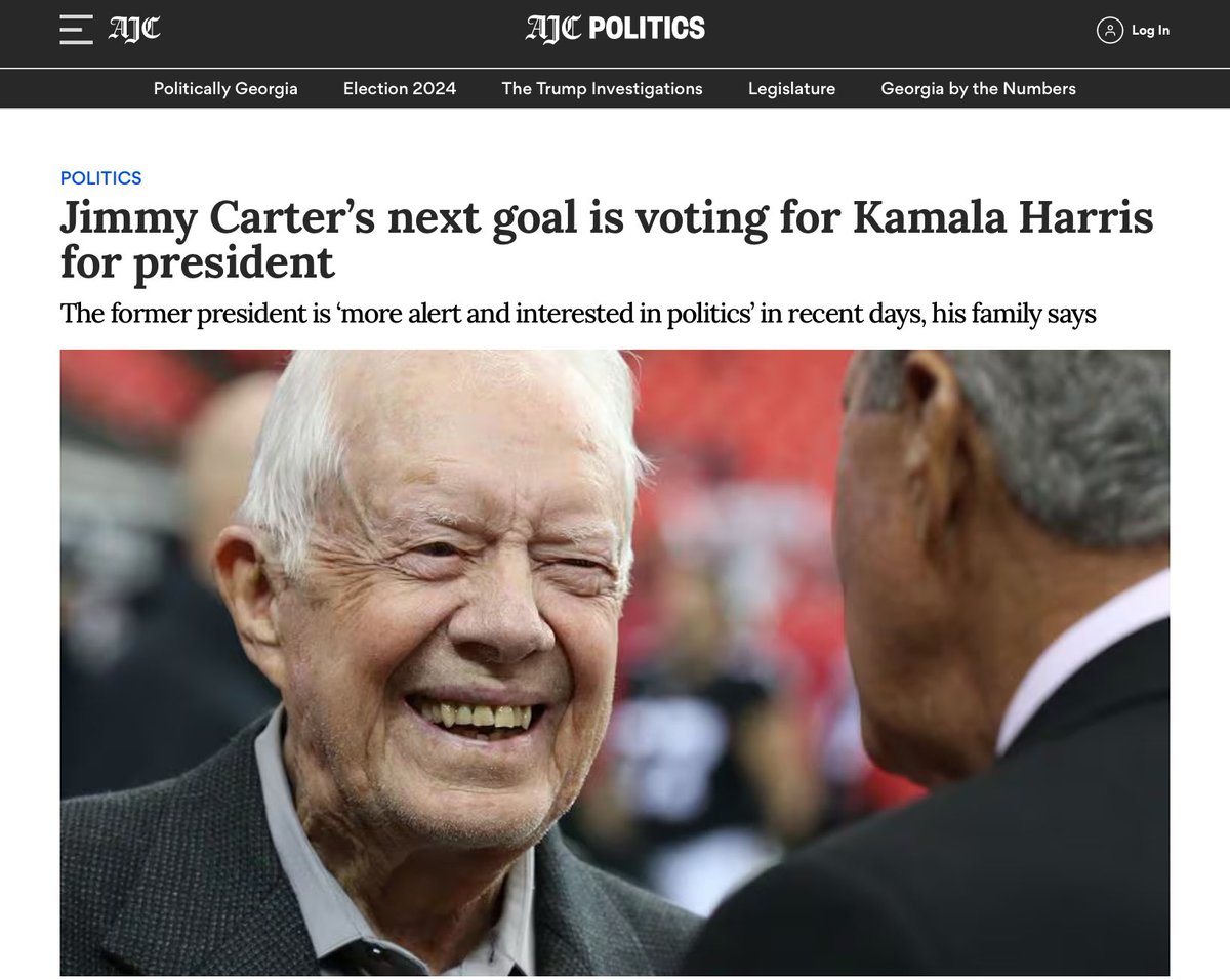 dotconnectinga's tweet photo. As former President Jimmy Carter nears his 100th birthday, his milestone celebration isnโt on his mind.
Defeating Donald Trump is.
โIโm only trying to make it to vote for Kamala Harris,โ Carter told his son Chip this week, according to his grandson Jason Carter.
https://t.co/xAQNujYQQ4