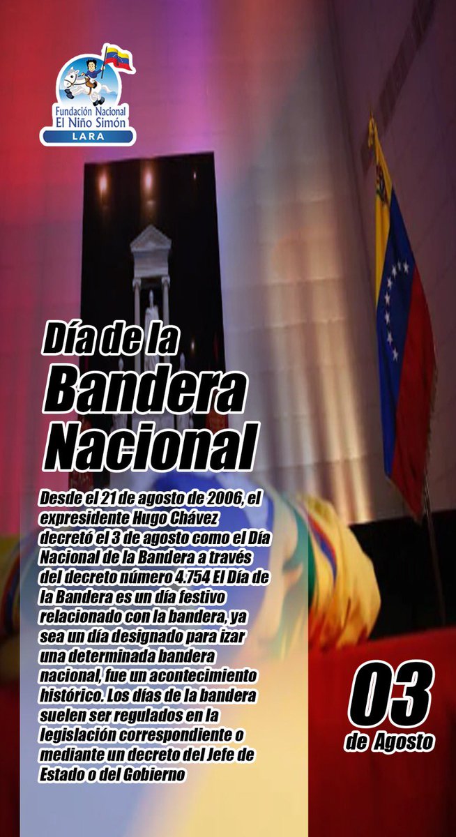 #3Ago Hoy celebramos el Día de la Bandera Nacional de Venezuela en conmemoración de la primera vez que el Generalísimo Francisco de Miranda desembarcó en la Vela de Coro en su Expedición Libertadora y ondeó la bandera tricolor en el país

#PaísDeOchoEstrellas <a href="/FNNSimon/">Fund. El Niño Simón</a>