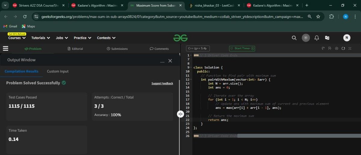 Nisha320289's tweet photo. 🚀 day13 of #100daysofcodechallenge
Today I have solved 2 questions --
1.kadane's algorithm ✅
2.maximum score from subarray minimums ✅
#leetcode #codestudio #geeksforgeeks https://t.co/t6FOJmaqlH