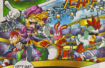 semifreqsonic's tweet photo. It's well known that Sonic the Hedgehog was originally going to be the lead singer of a band. 

What may be less known is that this scrapped band is repurposed in the Archie Comics to be part of Mina Mongoose's band, the Forget Me Knots.

Except for Vector, he's a detective now. https://t.co/UJj6F6MbJN