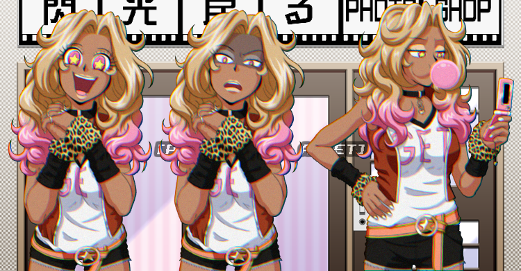 I intended there to be a clear fashion distinction between these two;
Ondori is meant to be specifically 𝘨𝘢𝘯𝘨𝘶𝘳𝘰 with her excessive makeup and flashy clothes, while Ryōshi is meant to be specifically 𝘨𝘺𝘢𝘳𝘶, a little less extreme.