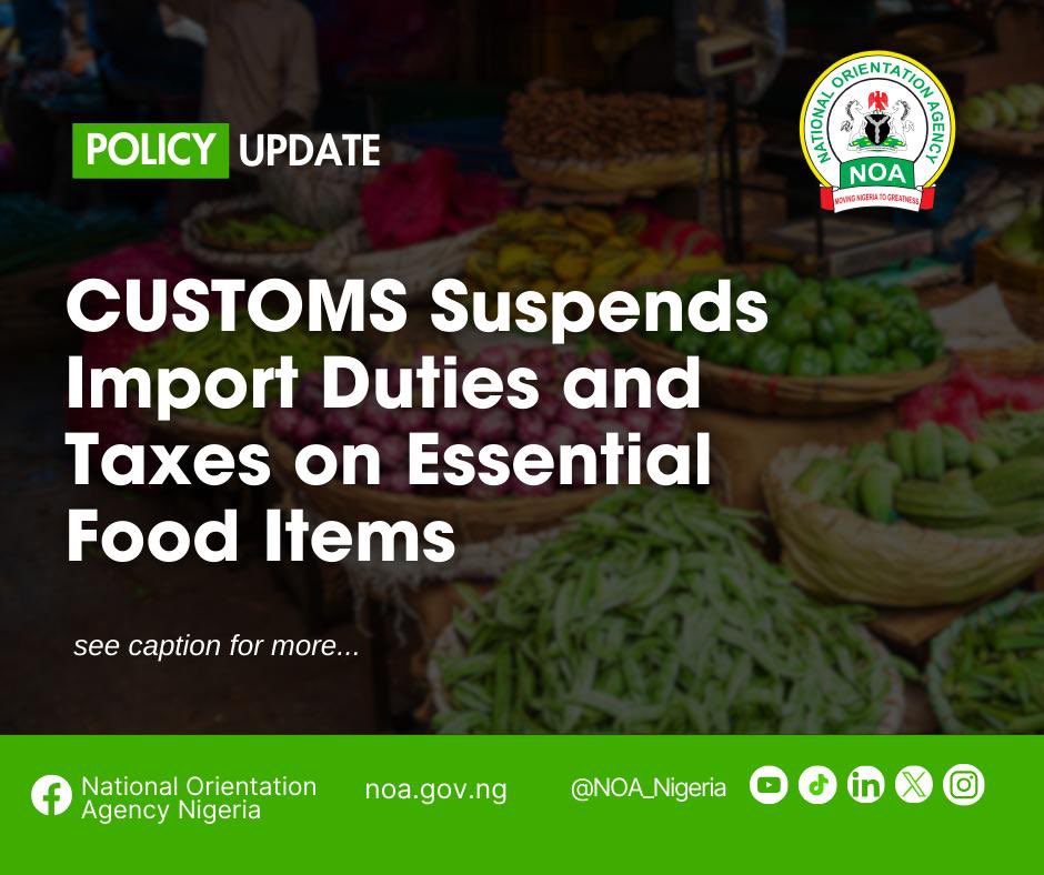 NOA_Nigeria's tweet image. As part of the initiative to address food shortage in Nigeria, the Nigeria Custom Service has suspended import duties and taxes on essential food items.
The Comptroller-General of Customs, Wale Bashir Adeniyi,  announced the suspension of import duties and taxes on essential food…