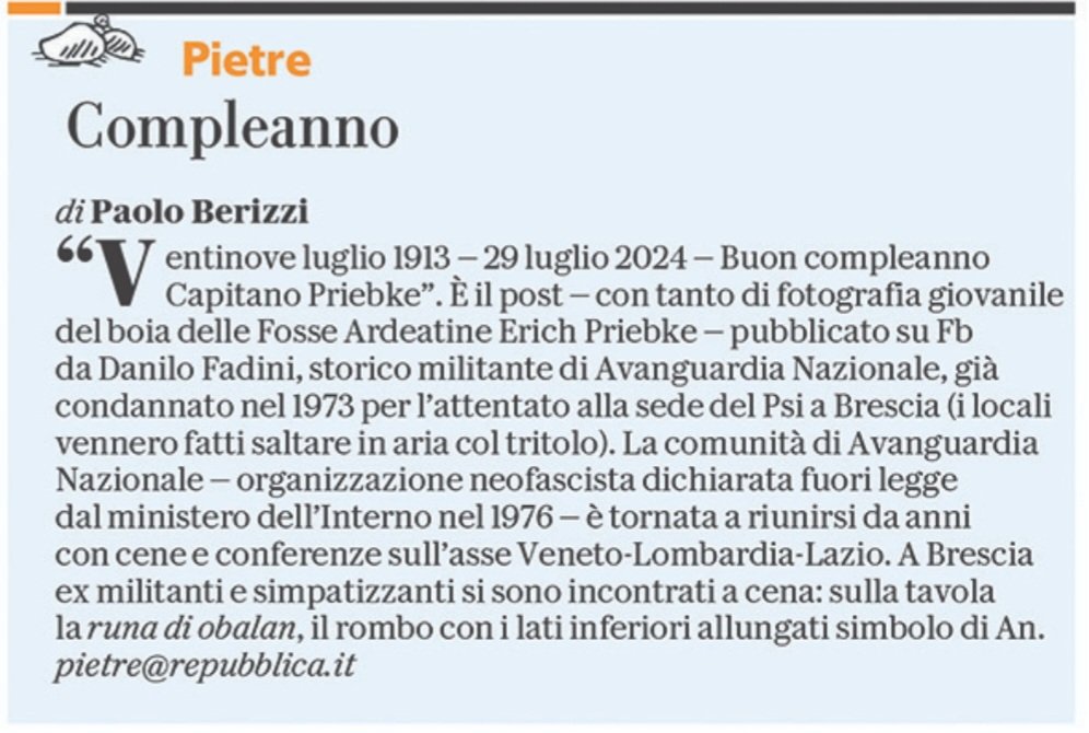 PBerizzi's tweet photo. L'ex Avanguardia Nazionale Danilo Fadini e il buon compleanno al boia delle Fosse Ardeatine Erich Priebke. Italia, 2024.  

#Pietre
@repubblica https://t.co/O3SBSD6FSU