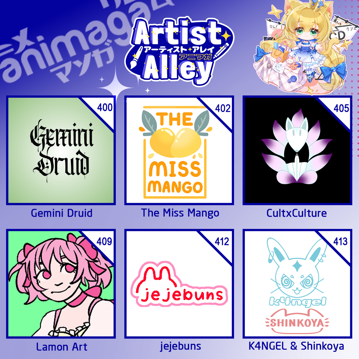 🎨✨ Animaga Artist Alley – Round Thirteen! ✨🎨

Excited to showcase more artists heading to Animaga 2024:

Gemini Druid
Art by Aisha
<a href="/Cultxculture/">CultxCulture</a> 
Lamon Art
<a href="/jejebuns/">jeje 💗</a> 
K4NGEL &amp; Shinkoya
Don’t miss their amazing work! 
🎟️ Tickets selling fast: trybooking.com/CQJOP
