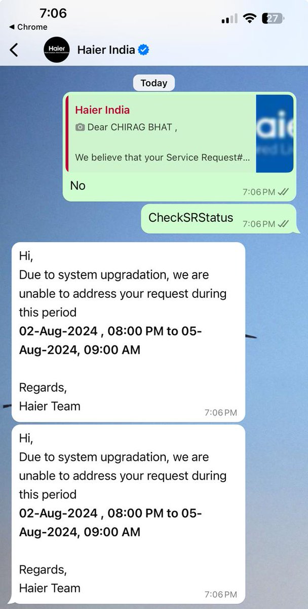 HitenBhatt21's tweet photo. @HaierAppliances @IndiaHaier Why is it so difficult to get service of your product? Brother is loosing patience and it's question mark on your reputation https://t.co/H1dYhwu1iP