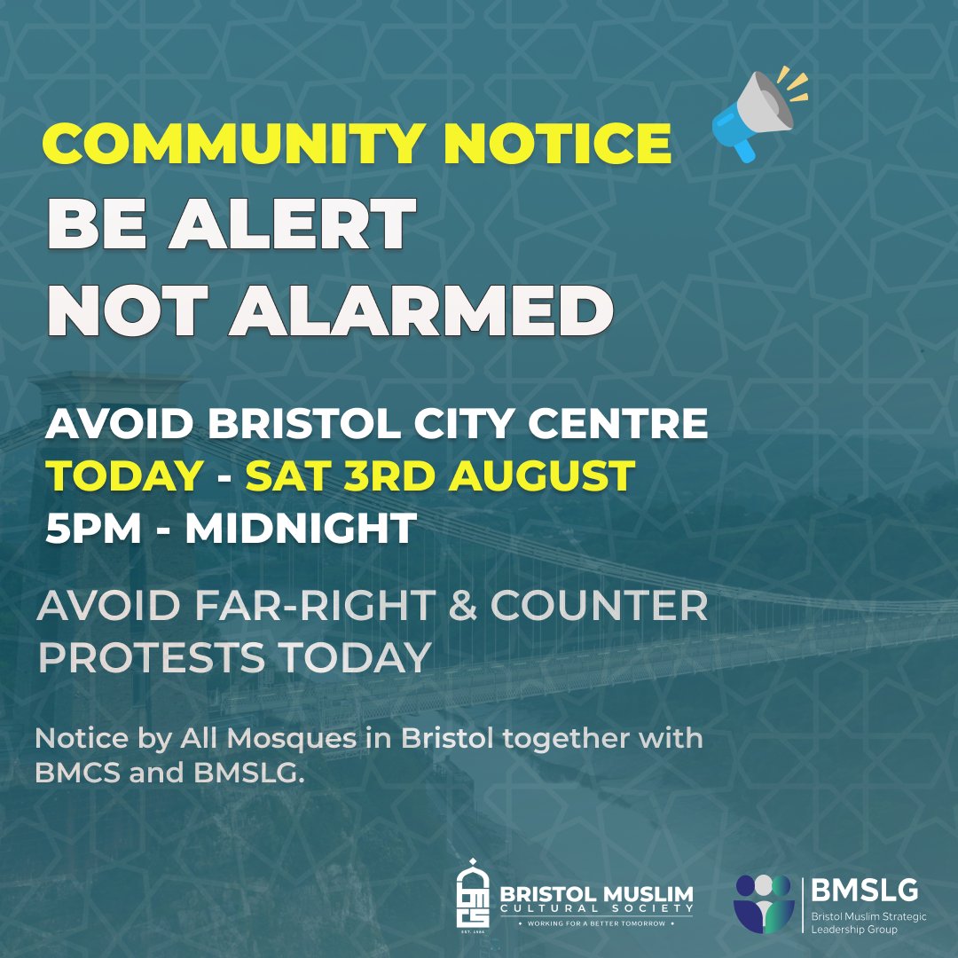 📢 Community Notice 

Please be alert ahead of this Far-right demo in Bristol today.

Avoid the Bristol City Centre and the Far-right &amp; counter protests.

#Bristol