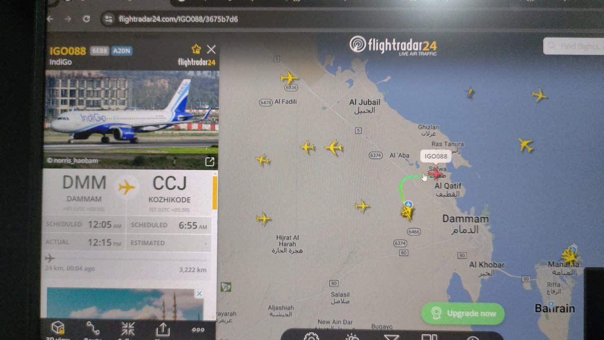 sadwick_sad's tweet photo. @IndiGo6E @DGCAIndia @MoCA_GoI @RamMNK Flying after 12hour delay. @flightradar24 shown that it's flying to Kozhikode..Hope it's true https://t.co/AvMH3cpNgz