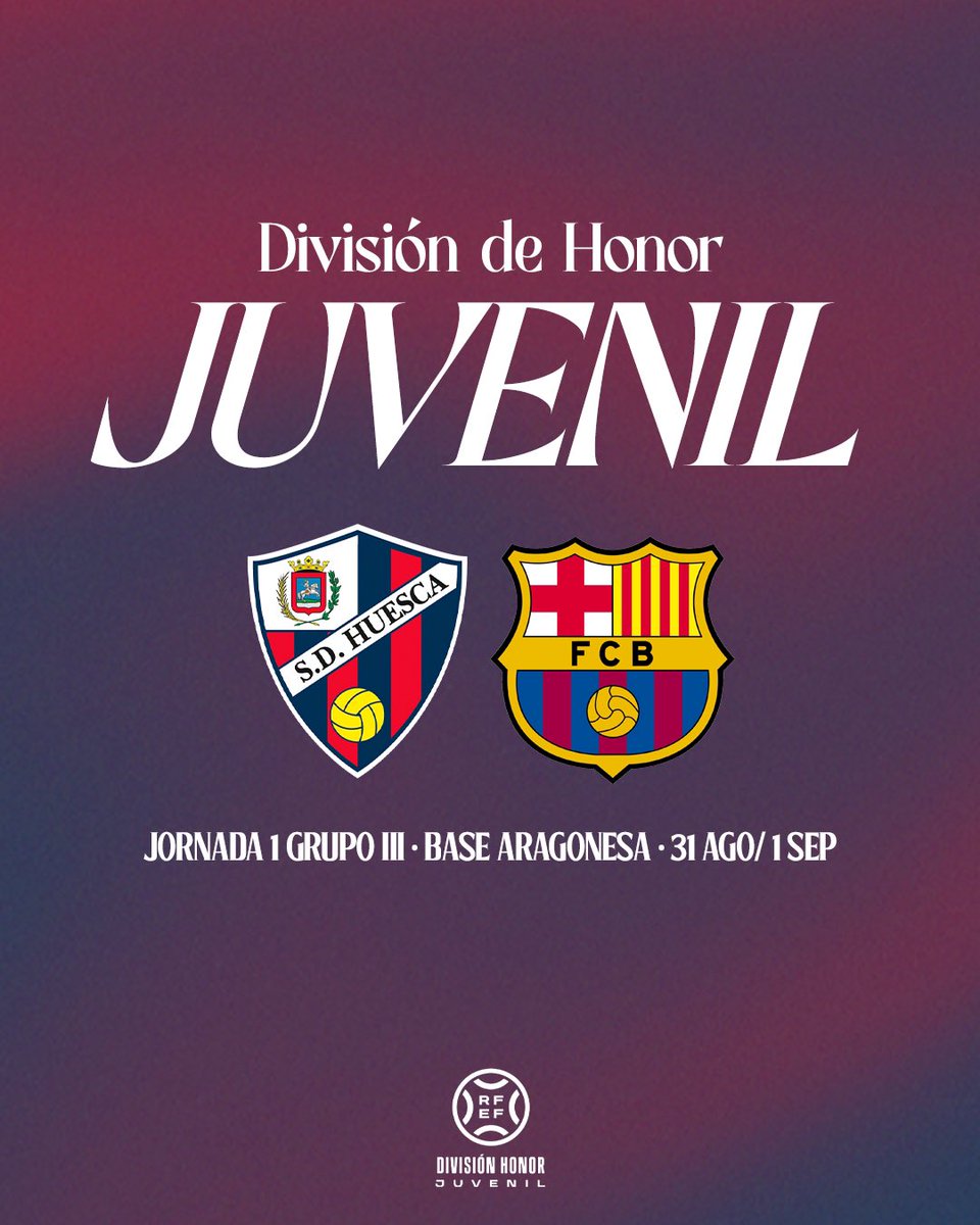 CanteraSDHuesca's tweet photo. ¡Empezaremos con un partidazo!

👀 El 𝙅𝙪𝙫𝙚𝙣𝙞𝙡 𝘼 ya sabe cuál será su primer rival de la temporada.

🆚 @FCBmasia 

⚔️ #DivisiónDeHonor 🔵🔴 https://t.co/hySVrKakTn