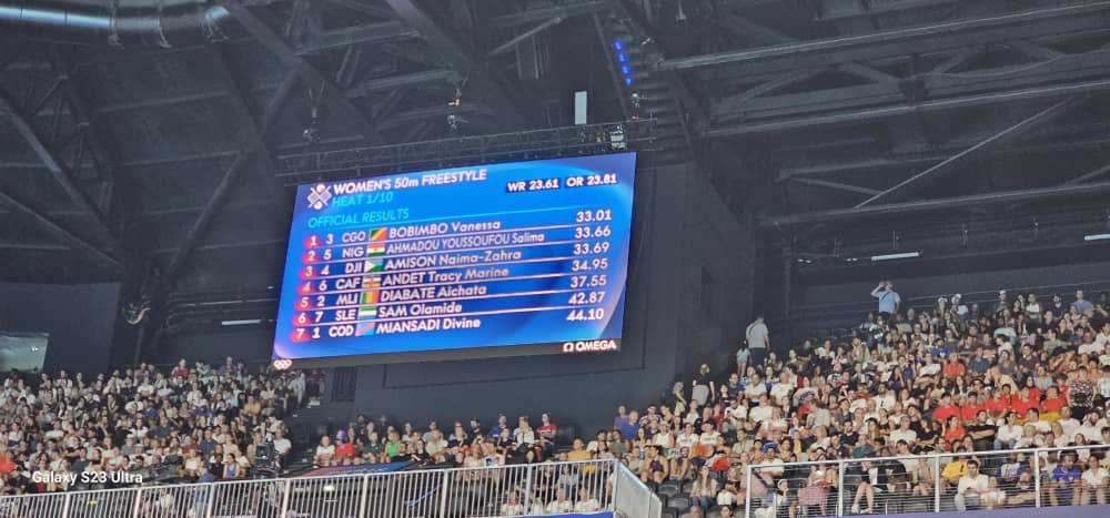 morrisjr88's tweet photo. #UpdatefromParis: #SierraLeone’s final athlete at the @Paris2024 @Olympics, swimmer #OlamideSam clocked 42.87 in her #Women50mFreestyle Heat 1 to finish 6th. The @Olympics debutant improved on the 45.51 time she swam at the #WorldAquaticsChampionships in #Doha, #Qatar this year. https://t.co/K9spVKdtRv